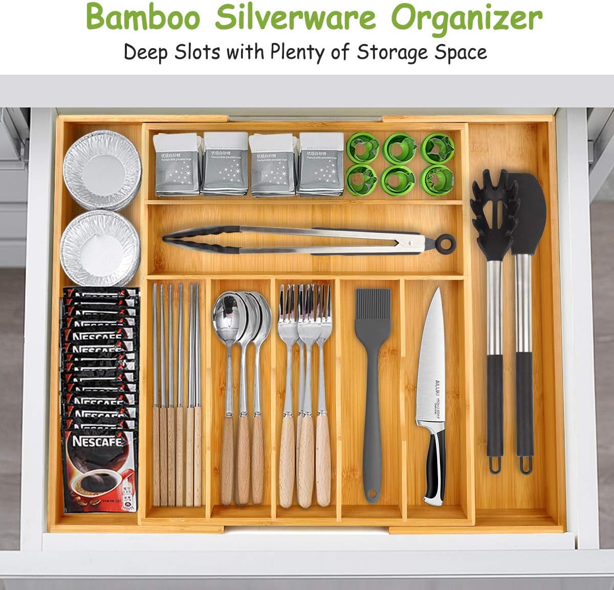 KINFAYV Kitchen Drawer Organizer - Expandable Bamboo Silverware Utensil Drawer Organizer with Grooved Drawer Dividers for Flatware, Adjustable to 9 Compartments, Bonus 5 PCS Premium Kitchen Utensils