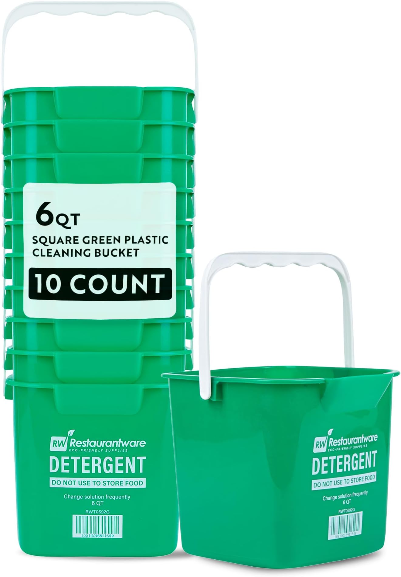 RW Clean 6 Quart Cleaning Buckets, 10 Detergent Square Buckets - With Measurements, Built-In Spout And Handle, Green Plastic Utility Buckets, For Home Or Commercial Use, - Restaurantware