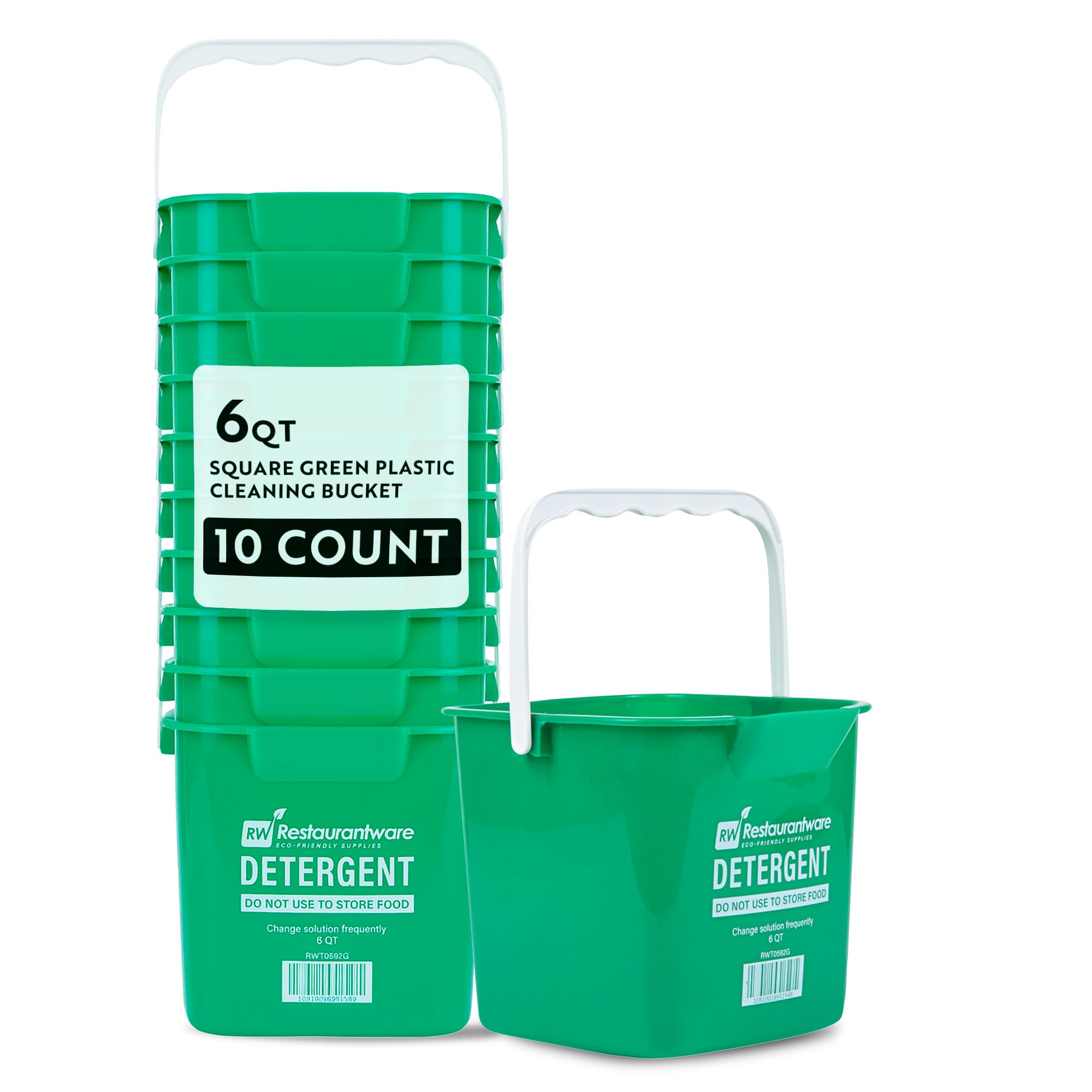 RW Clean 6 Quart Cleaning Buckets, 10 Detergent Square Buckets - With Measurements, Built-In Spout And Handle, Green Plastic Utility Buckets, For Home Or Commercial Use, - Restaurantware
