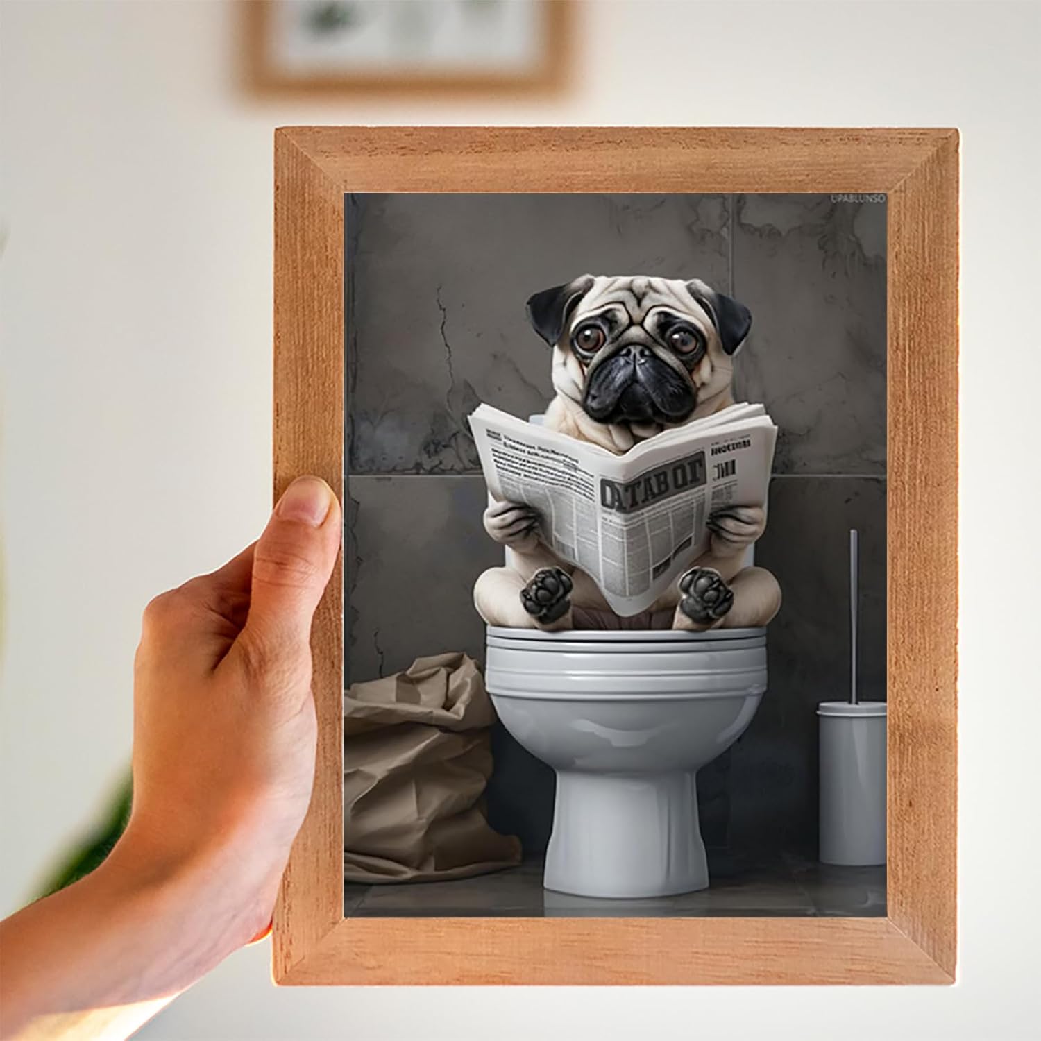 Pug Sitting on Toilet Diamond Painting Art Kit for Adults Dog Reading Newspaper Bathroom Art DIY Diamond Art Painting for Beginners Full Drill Round Gem Art Painting for Crafts Home Wall 12x16 inch