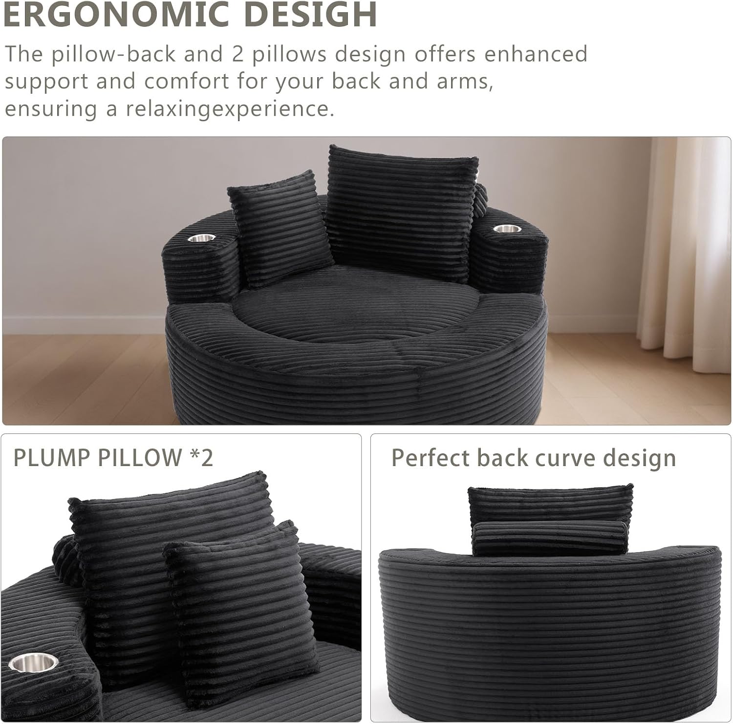 55.5" Oversized Round Cloud Chaise Lounge Chair, Comfy Boneless Couch Chair, Memory Foam Single Sleeper Sofa with 3 Pillows & Cup Holder for Living Room,Bedroom,Apartment,Office (Black)