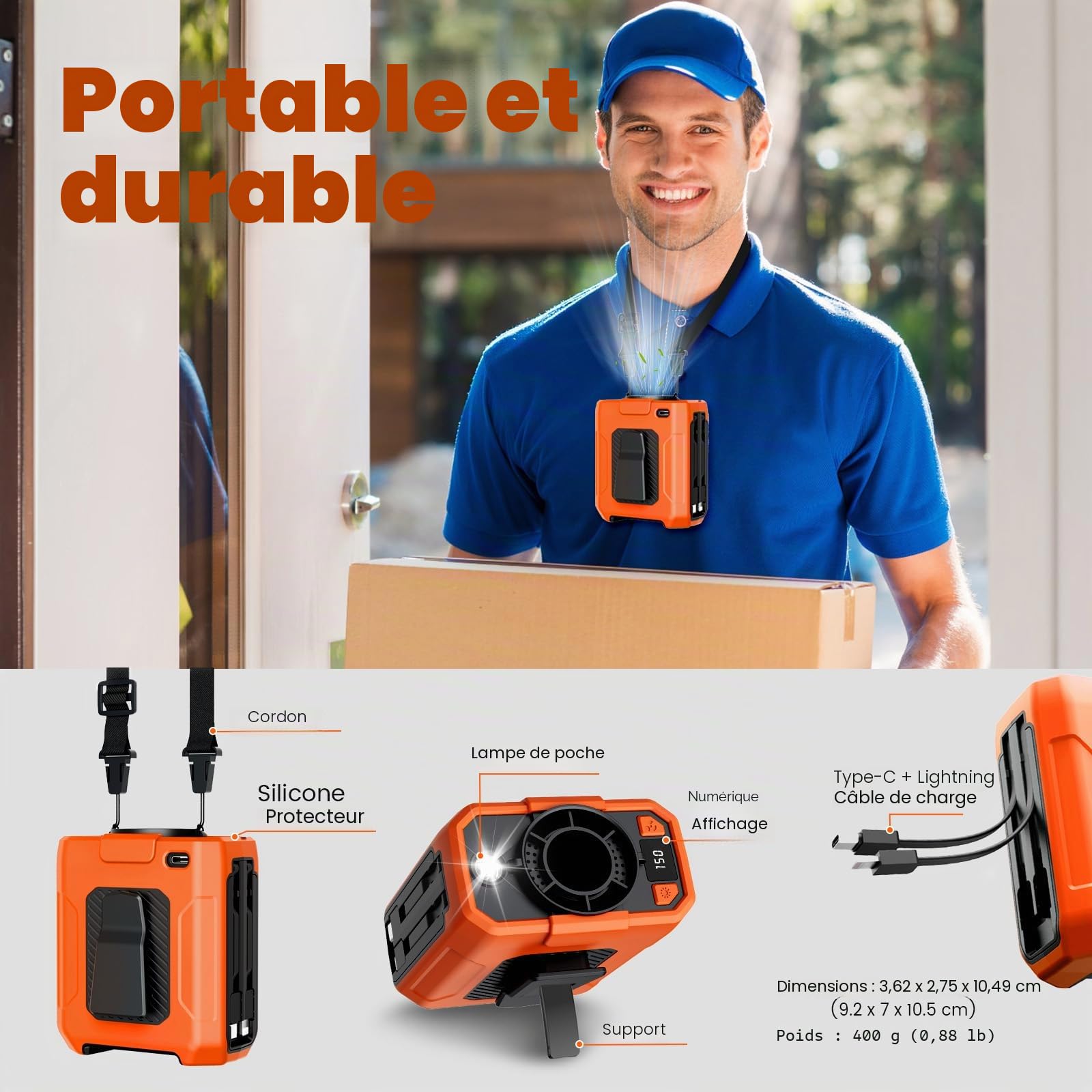 Uplayteck Ventilateur à Pince pour la Taille avec 5 Vitesses, Ventilateur Ceinture Rechargeable 10000mAh, Power Bank, Éclairage LED, Portable Waist Fan en Plein Air, Pêche, Randonnée