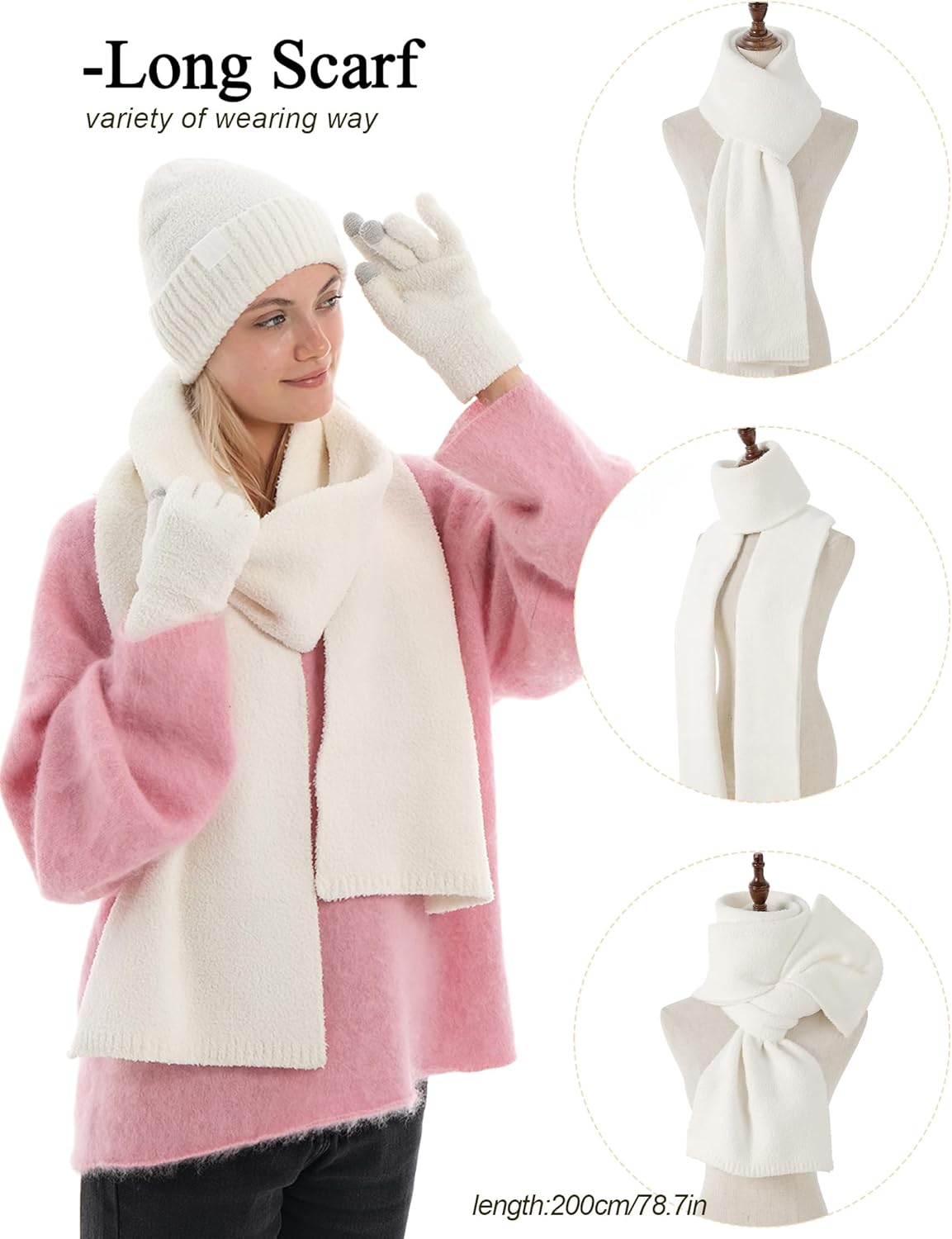 Hat Scarf And Gloves Set For Women,Womens Winter Beanie Hats Long Scarf Scarves Knit Touchscreen Gloves For Cold Weather - Image 5