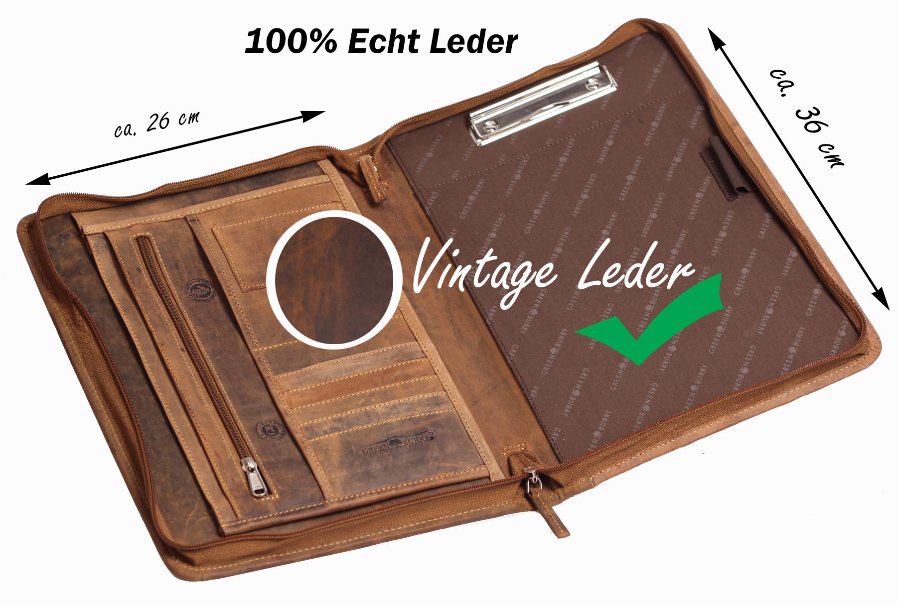 Greenburry Leder-Schreibmappe DIN A4 - Vintage Konferenzmappe mit Reißverschluss – A4 Schreibmappe aus Leder - hochwertige Vertretermappe aus Leder - 36 x 26,5 x 3 cm