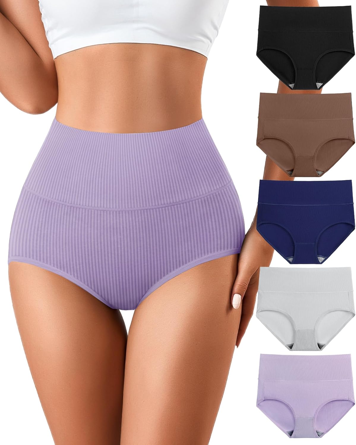 J-pone Womens Underwear Cotton High Waisted Strech Soft Full Coverage Briefs Ladies Postpartum Panties 5 Pack