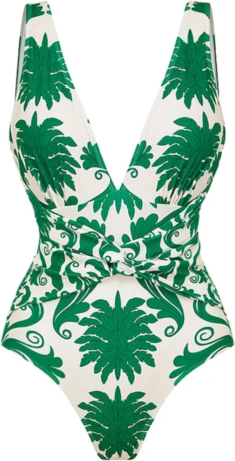 FLAXMAKER Women's Bathing Suit Printed Wrap Tummy Control One Piece V Neck Crisscross Swimsuit and Skirt