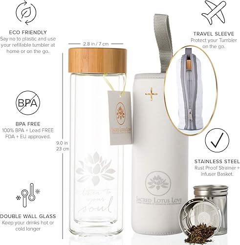 Miniatura 6 de Sacred Lotus Love Double-Walled Glass Tea Tumbler with Infuser and Strainer 15oz - Perfect for Loose Leaf Tea, Cold or Hot Water Bottle, Fruit