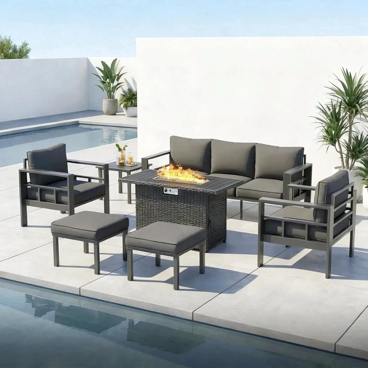 UDPATIO Aluminum Outdoor Furniture Set with 2 Ottomans and Fire Pit Table, 7 Pieces All-Weather & UV-Resistant Patio Sectional Sofa Set for Deck, Backyard, Poolside, Dark Gray