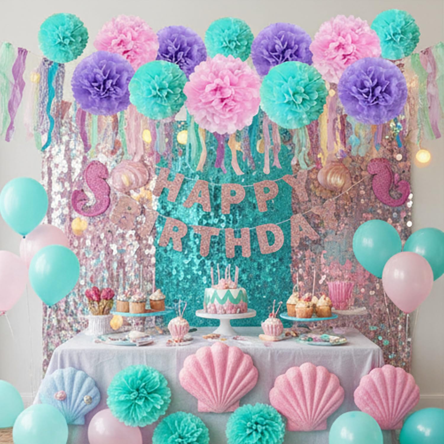 Pink Purple and Blue Paper Pom Poms (12 Pack) - Pastel Teal Pink and Purple Hanging Tissue Flowers for Baby Shower Birthday Party Ceiling Decorations
