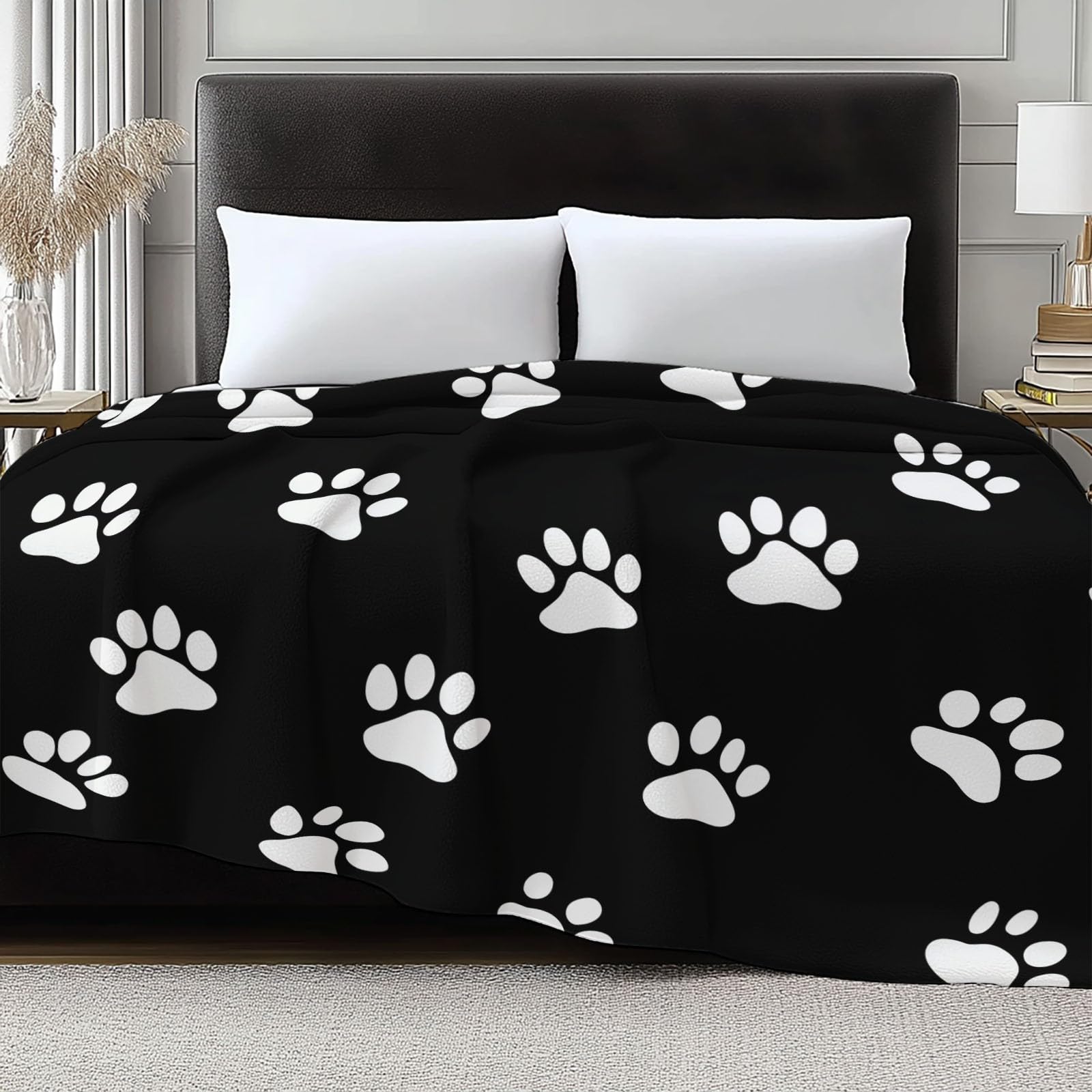 Flanelowy koc polarowy ze zwierzęcymi odciskami łap, narzuta na sofę Wygodny koc dwuosobowy Koc na łóżko w kratę zimowy, 220 x 240 cm Czarny