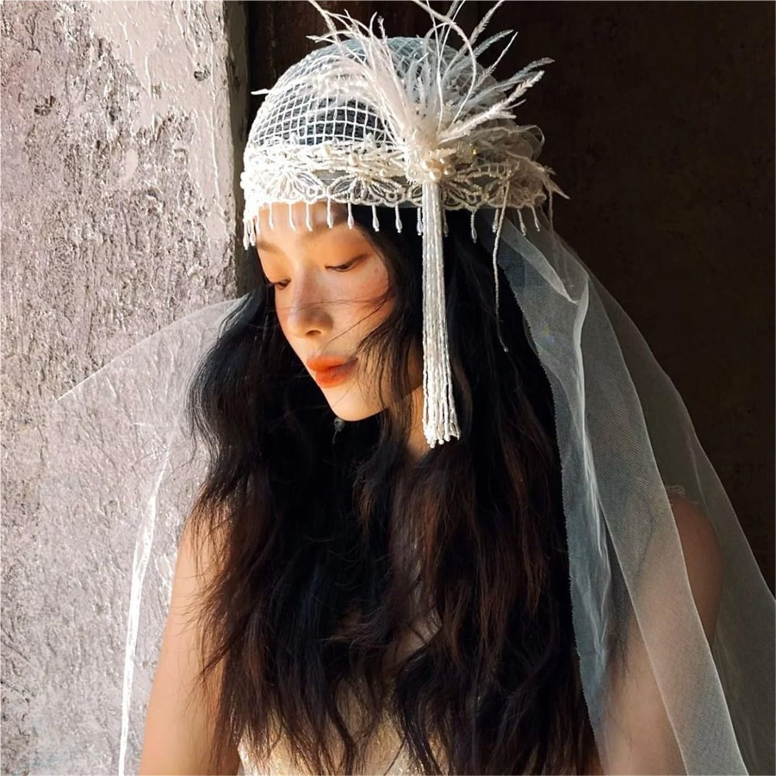 Diseño con velo de novia borlas plumas estilo francés