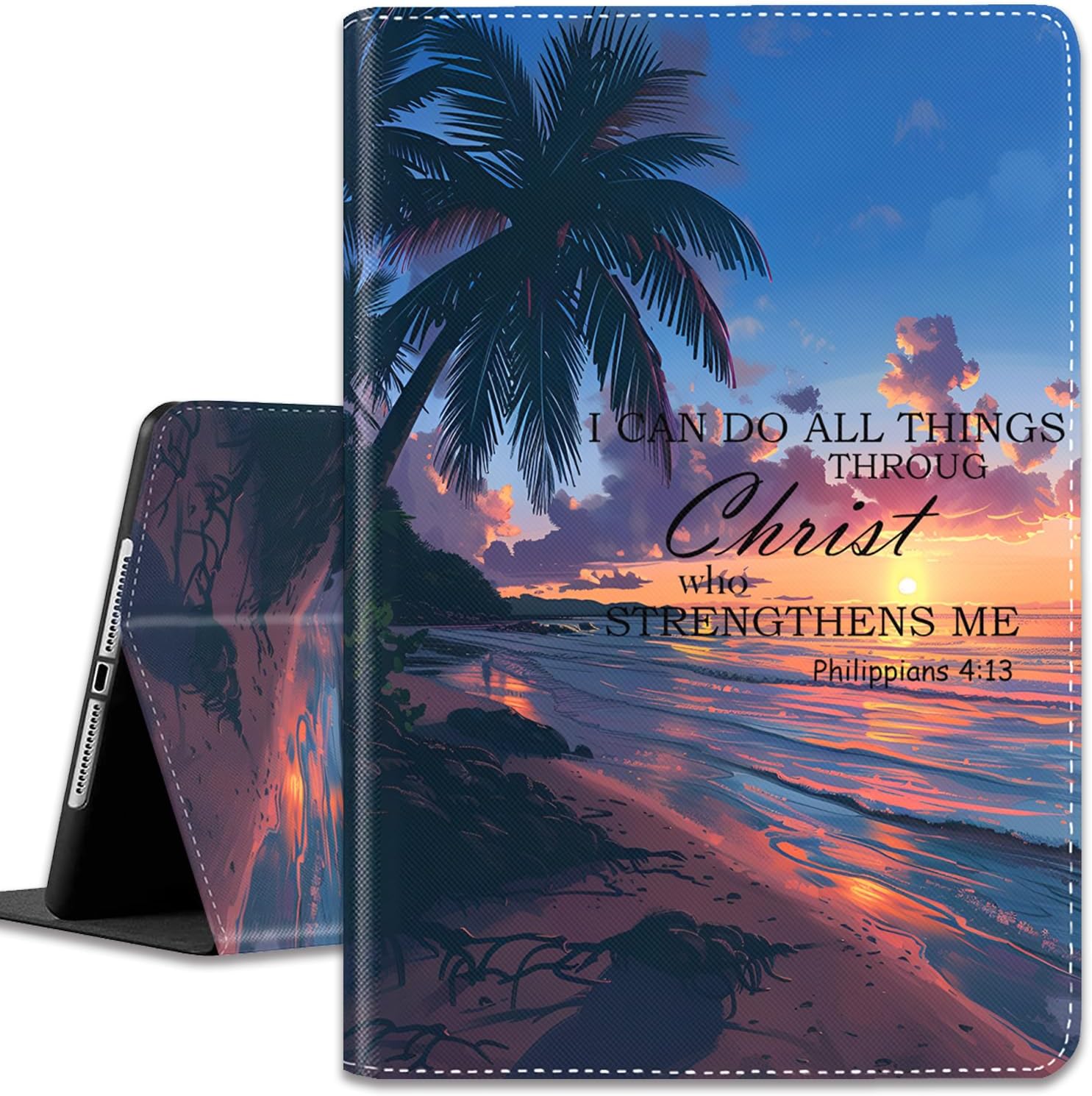 Case for iPad (A16) 11th Generation 11 Inch (2025) / iPad 10th Generation 10.9 Inch (2022), Multi-Angle Viewing and Automatic Wake Up/Sleep Smart Case, Sunset Beach Philippians 4-13