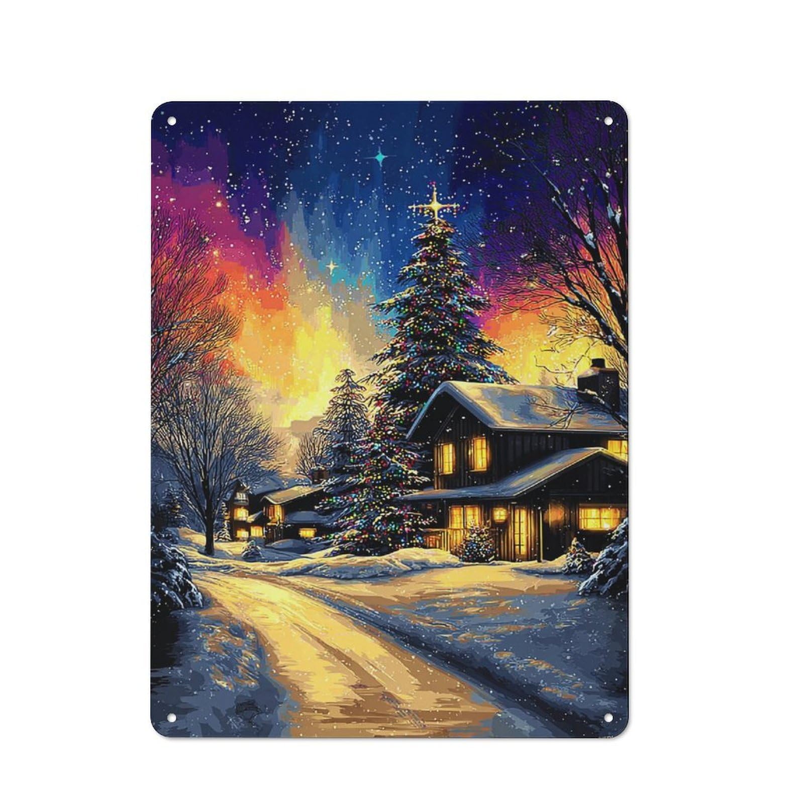 Junmoney Christmas Village With Snowy Pathway Rustic Tin Wall Plaque 40X30cm For Café Or Restaurant, For Kitchen, Dining Room And Home Bar Wall Decor