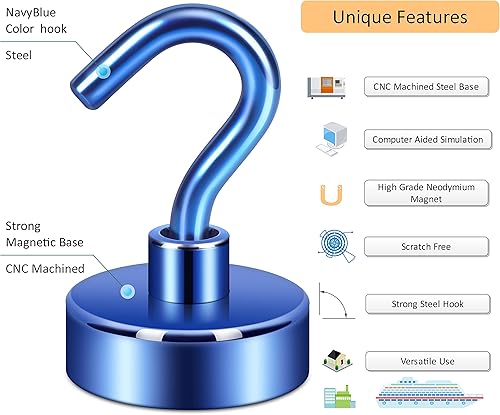 Miniatura 2 de NEOSMUK - Ganchos magnéticos de alta resistencia con imanes extrafuertes para colgar en refrigerador, crucero, cabinas o parrilla, color azul