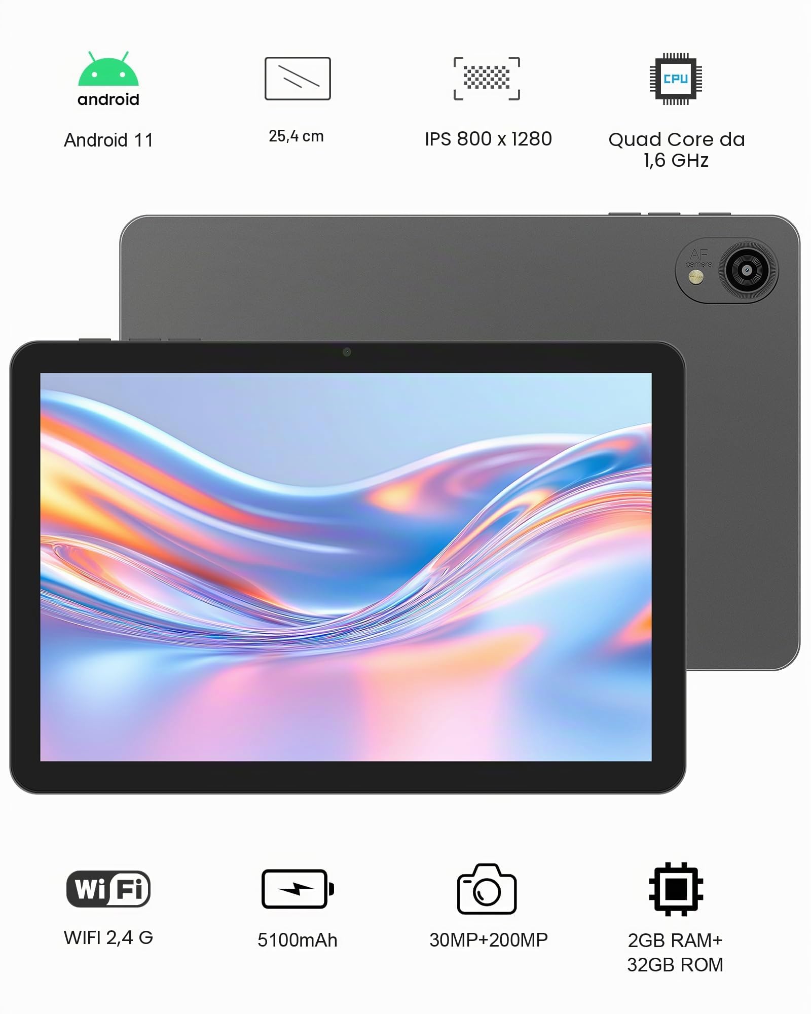 Tablet Android da 10 Pollici, Doppia Fotocamera, WiFi, Bluetooth, Grigio scuro
