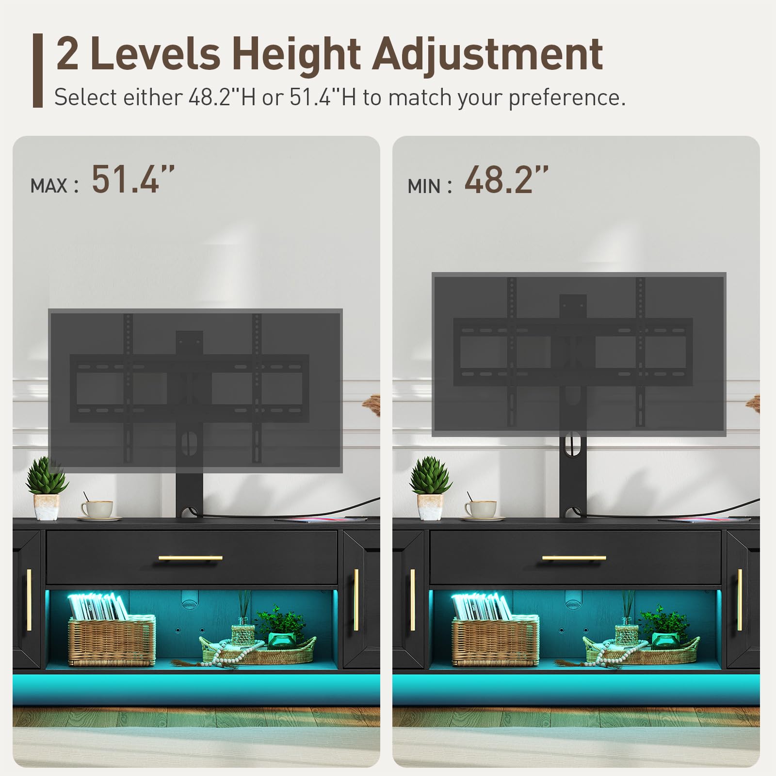 TV Stand with Mount Power Outlet 59.1", Swivel LED Entertainment Center for 32/45/55/60/65/75 inch TVs, Height Adjustable Modern Media Console Cabinet, TV Table for Living Room, Bedroom, Black