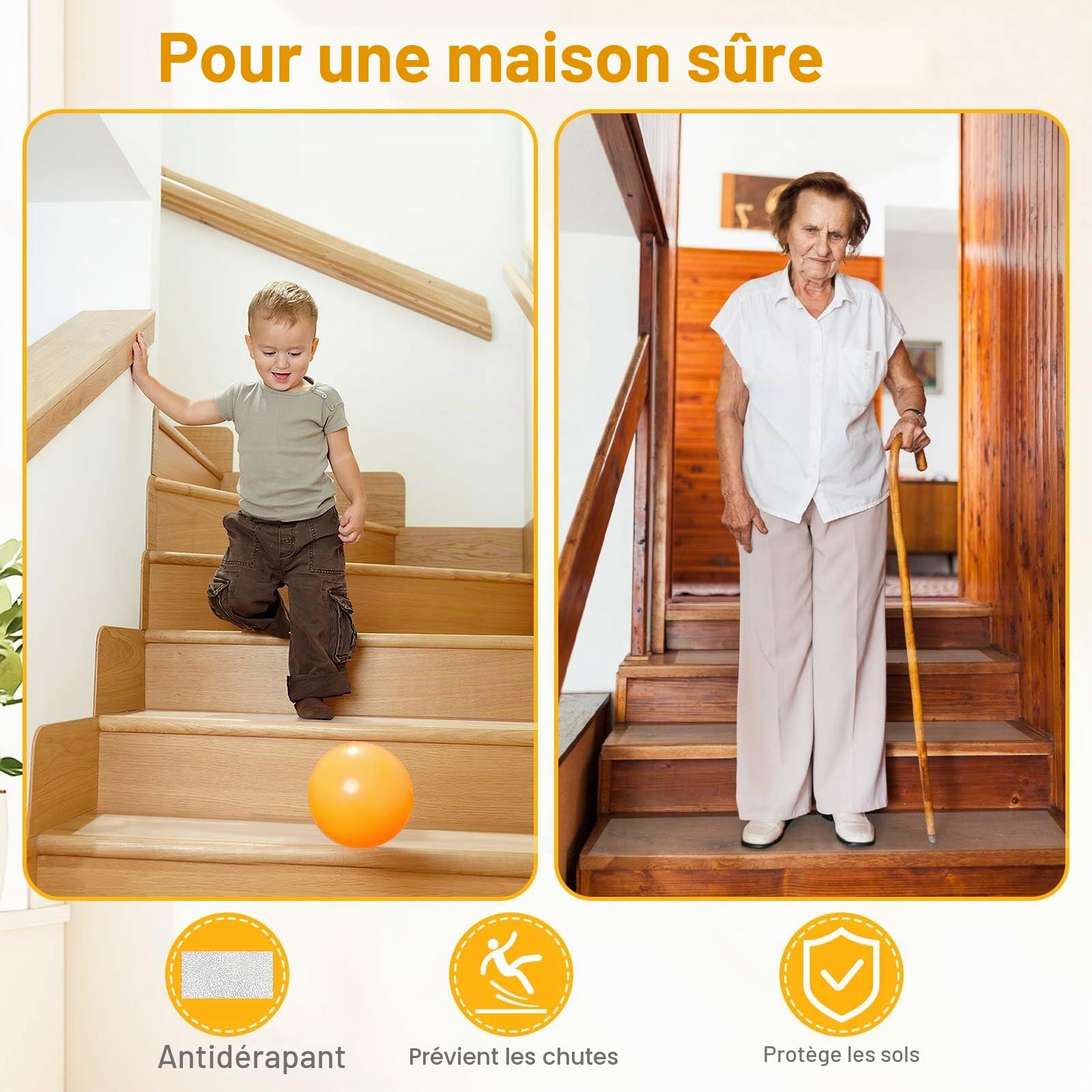 Lot de 15 tapis d'escalier, 15 x 80 cm, transparents, autocollants, imperméables, antidérapants, pour marches en bois, sol