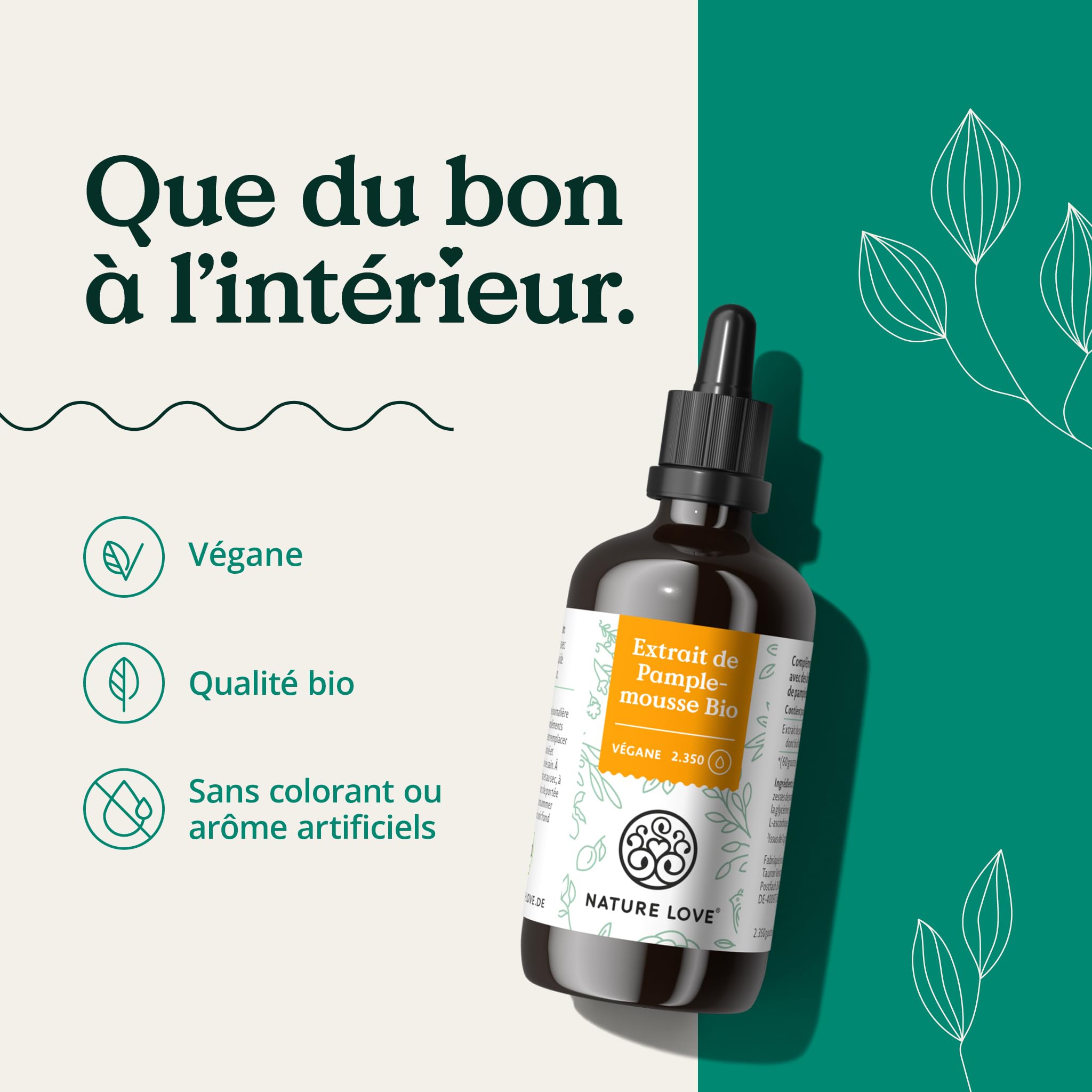 NATURE LOVE® Extrait de Pamplemousse Bio - 1200 mg de bioflavonoïdes / 100 ml - Contrôlé en laboratoire et de qualité bio - Extrait de pamplemousse issu de pépins et de zestes - Hautement dosé, végane