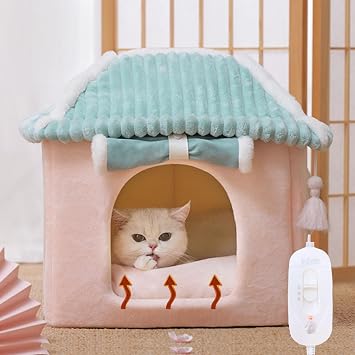 Kunovo Cherry Blossom Style Heated House for Cats Puppy, 3 Levels Temp Adjustable Pet Products Bed, Indoor Soft Kitty Shelter, Beautiful and Cute Shape