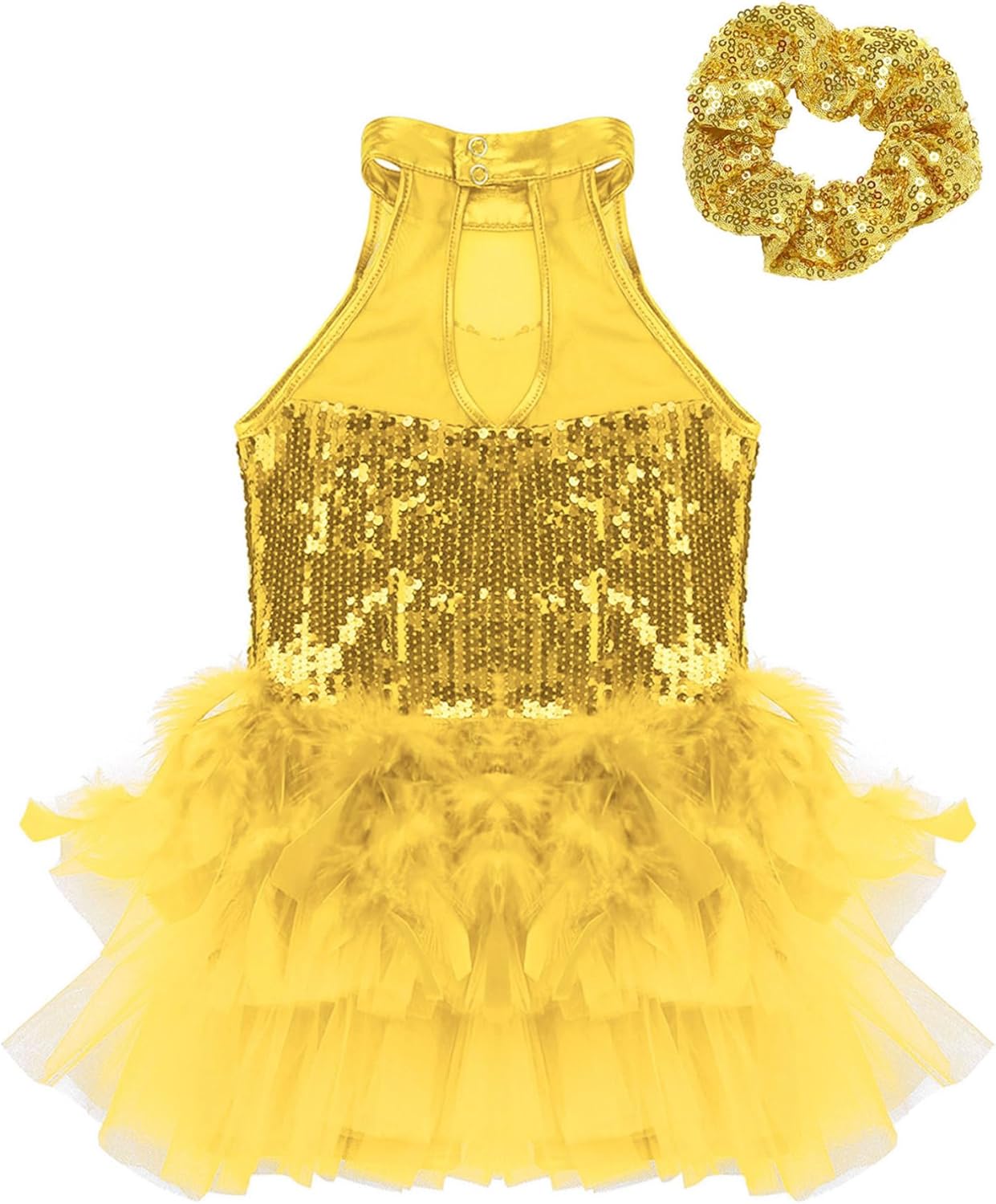 ranrann Girl's Halter Sequins Latin Ballet Dance Dress Ruffle Tutu Jumpsuit Shiny Ballroom Dance Costume with Hair Band