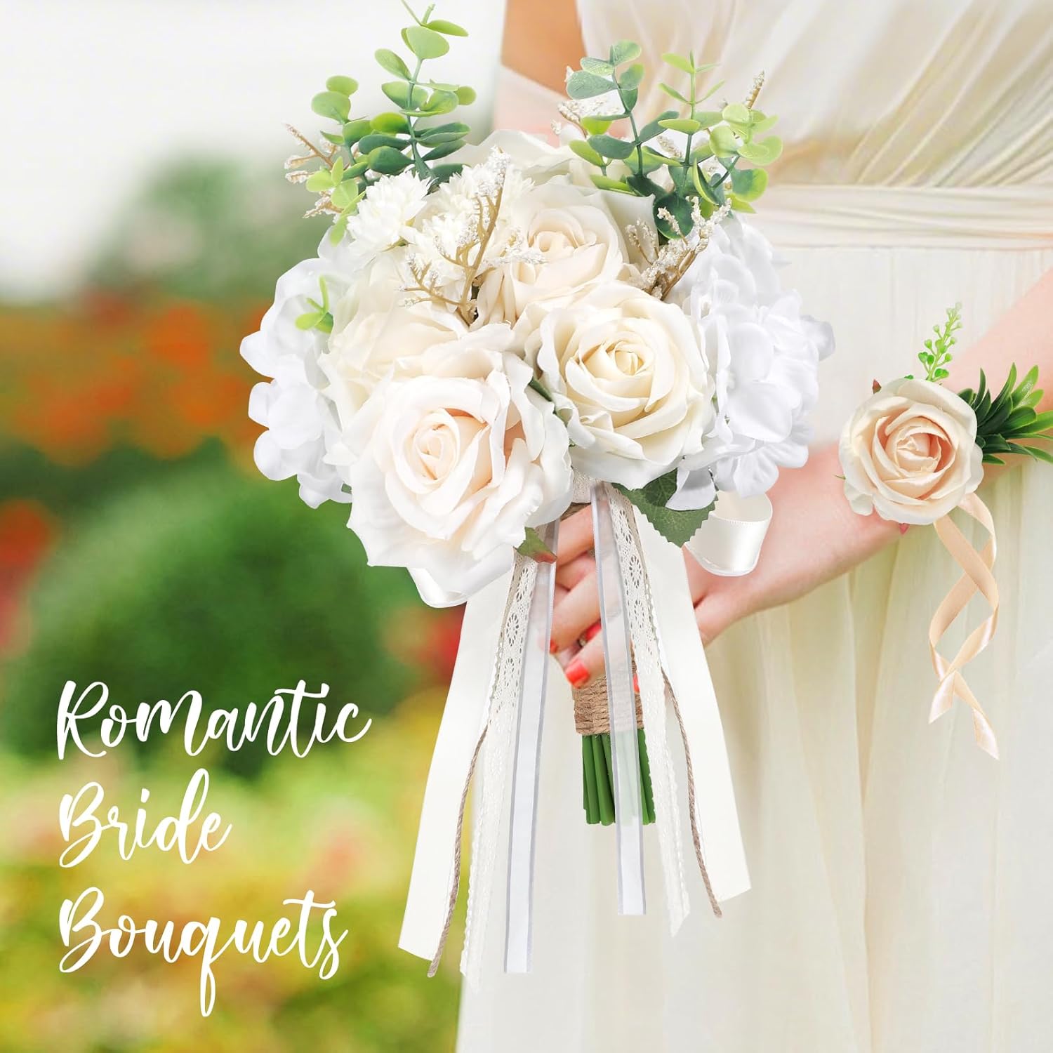 BINSUNS Wedding Bouquets for Bride Bridesmaid, 7''W Bridal Bouquets with Ivory Corsage and Boutonniere Set for White Wedding Flower Accessories Church Decoration Prom Suits(7IN) - Image 7