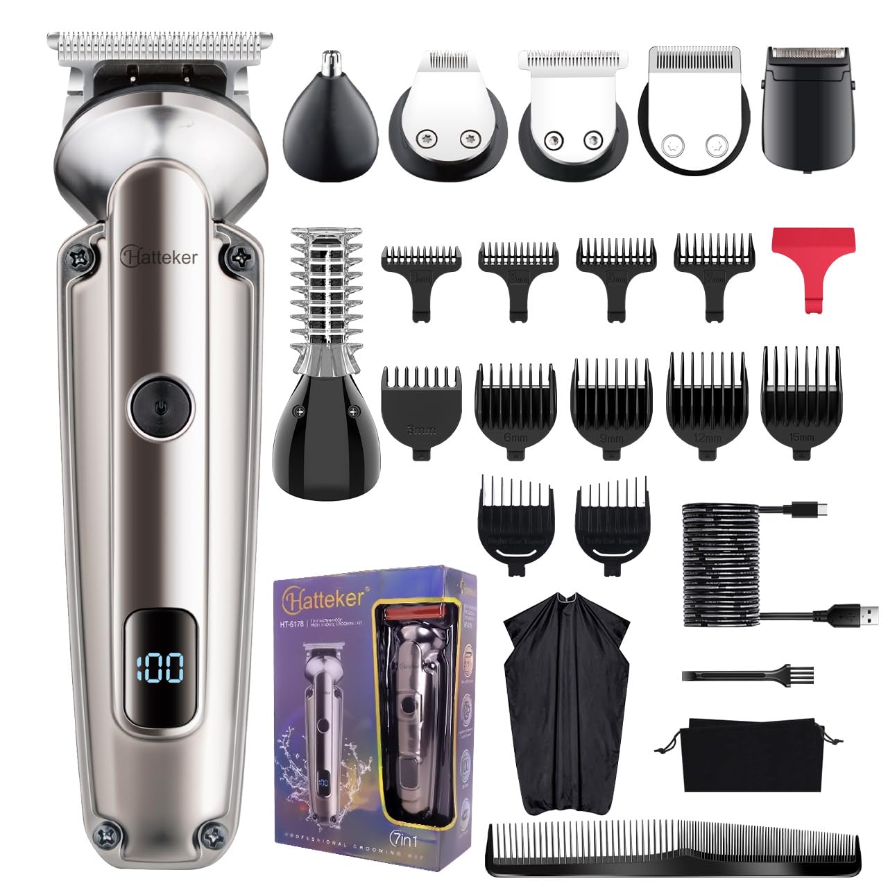 Hatteker Beard Trimmer for Men, Waterproof Hair Trimmer Electric Razor, Cordless Hair Clippers Shavers for Men, Shaving Ki...