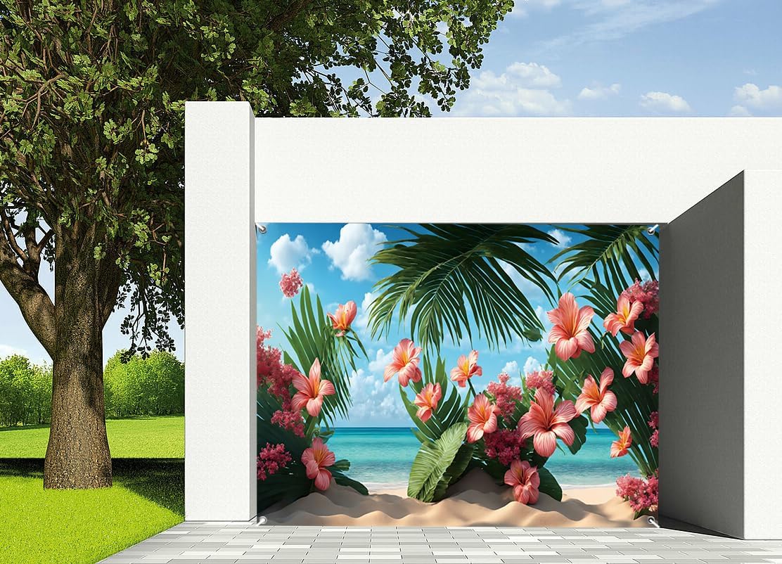 7x8ft Summer Seaside Garage Door Decor Beautiful Pink Flowers Green Palm Tree Leaves Beach Garage Door Backdrop for Holiday Vacations Wedding Ceremony Birthday Party Garage Door Banner