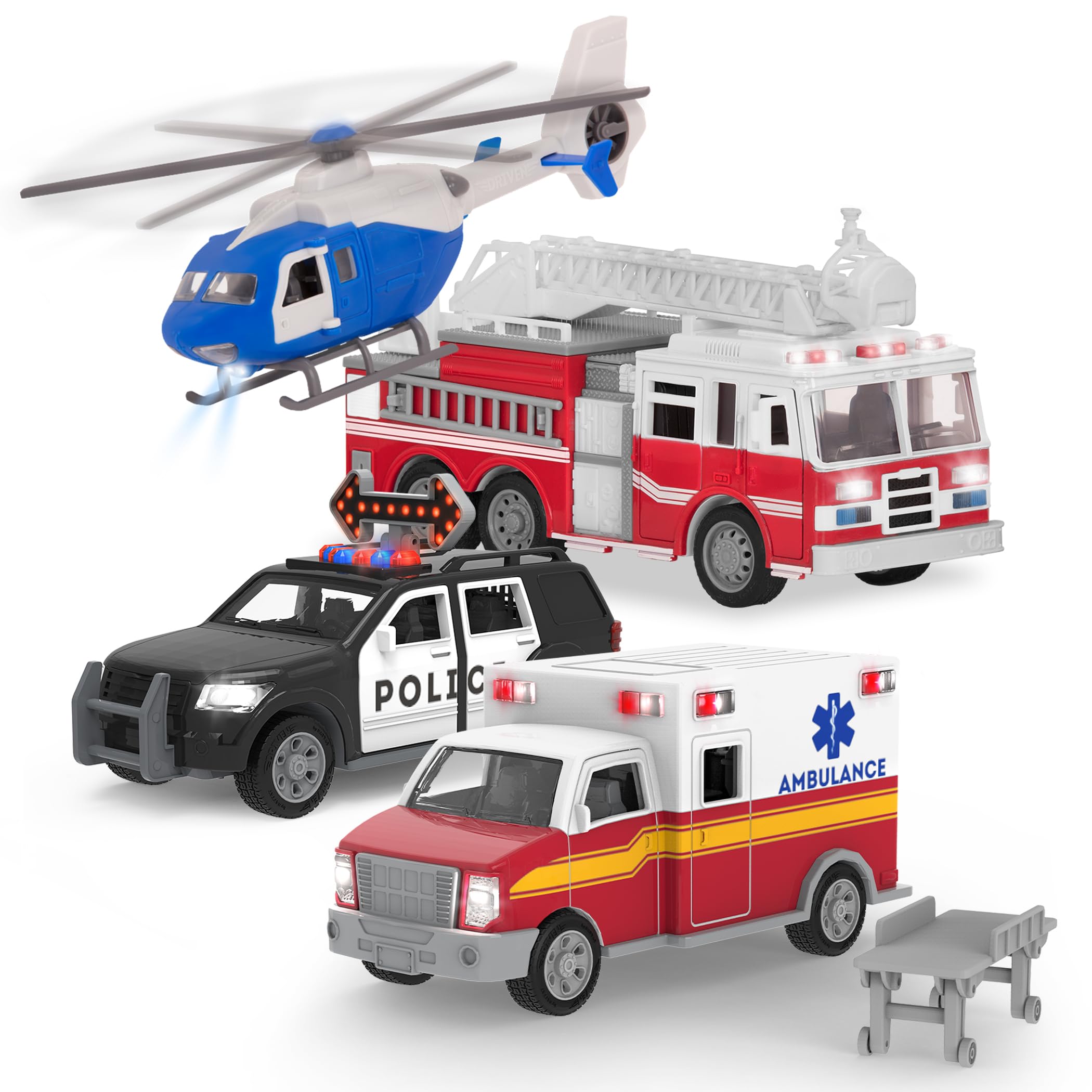 4-Pack of 7 Construction & Utility Toy Trucks – Includes Cement Mixer, Telehandler, Garbage, Tow & Fire Truck – Lights & Sounds – Ages 3+