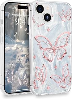 Pepmune iPhone 14/iPhone 13 用 手机壳 可爱 蝴蝶 闪闪发光 韩国 人气 时尚 智能手机壳 轻量 耐冲击 保护 防摔 防擦伤 带挂绳孔 女性用 保护套 (中空粉色蝴蝶)