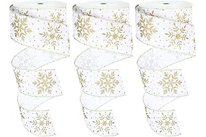 Cindeer 3 Rolls 2.5 Inch 30 Yards Christmas Snowflake Wired Ribbon Gold And White