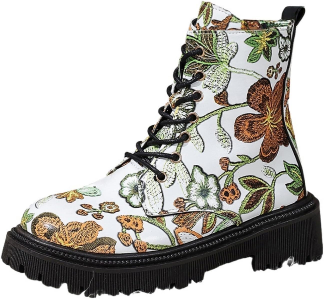 Women's Flowers Flat Ankle Boots Side Zipped Lace-Up Cowgirl Shoes Western Platform Winter Fall Combat Boots