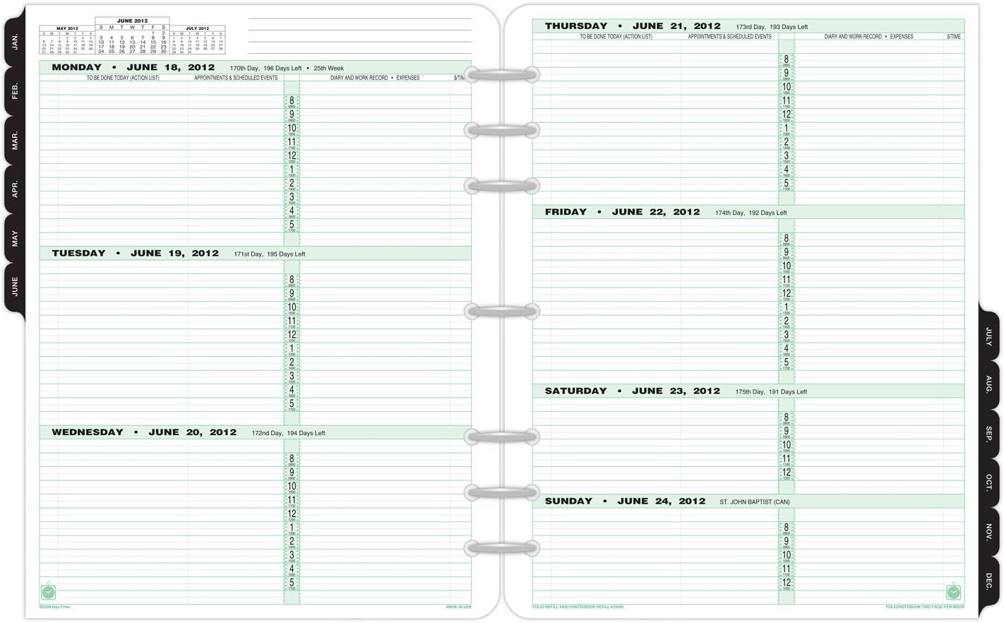 DayTimer 2PagePerWeek Refill, Folio Size, 8.5 x 11