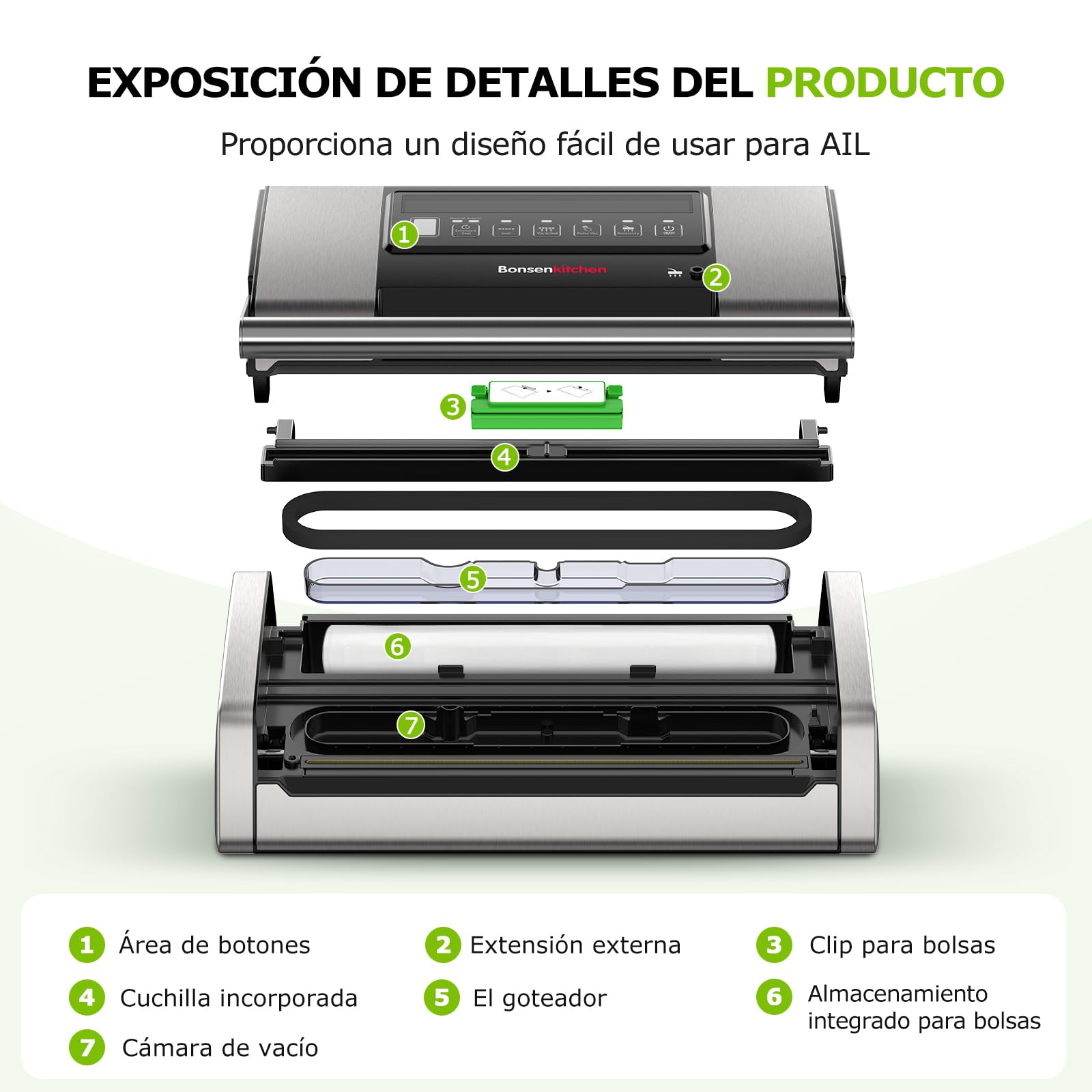 Bonsenkitchen Envasadora al Vacío, 15 L/min, con Clip Para Bolsas, Bloqueo de Asa y Cortador Integrado, Para Cocinar al Vacío y Preparar Alimentos, Sellado Rápido de Alto Rendimiento-VS5100