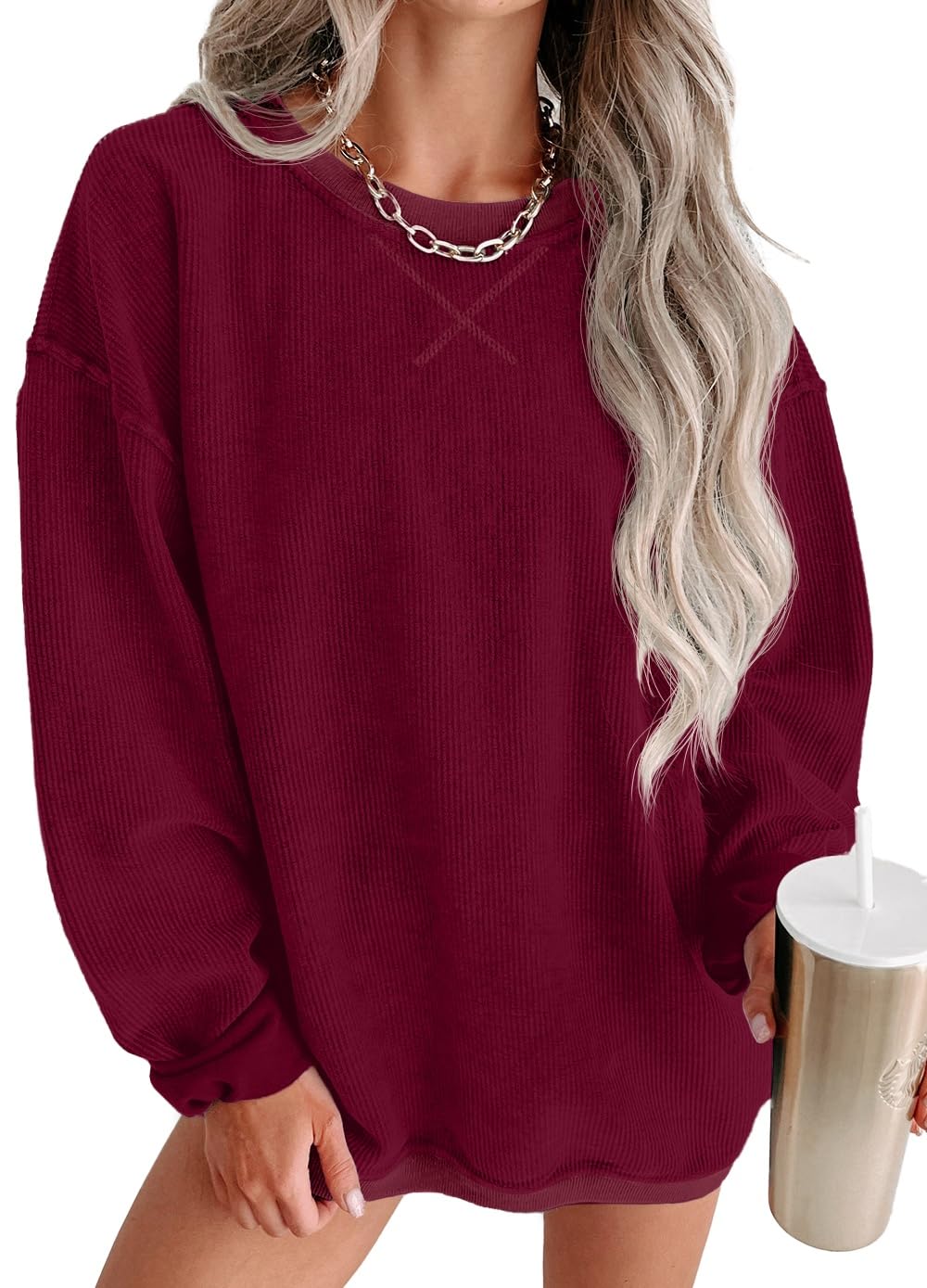 ONLYSTORY Womens Sweatshirts Oversized Cored Corduroy Pullover Tops