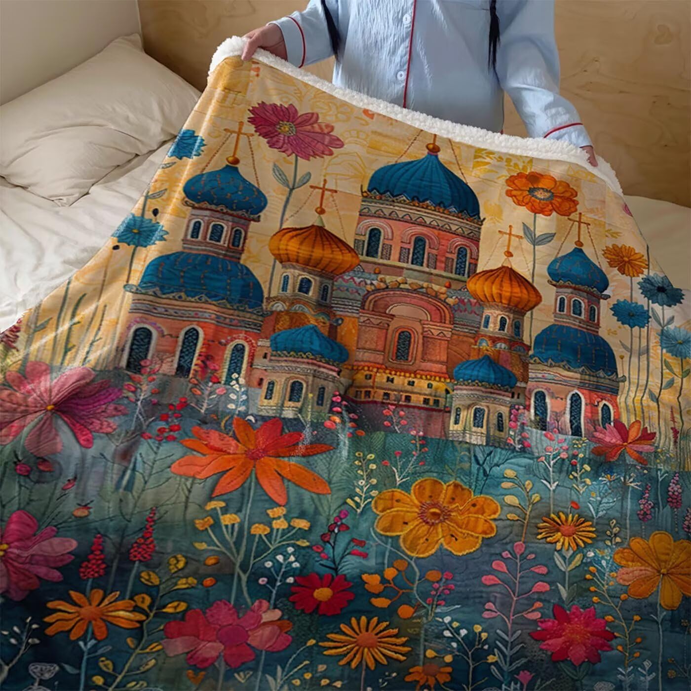 Koc polarowy Sherpa, kościół, miękki, obciążony, zima, jesień, pościel, duży, 140 x 200 cm, gruby, ciepły i oddychający, na krzesło, sofę, kanapę, łóżko, do pokoju podróżnego, dekoracja, prezenty dla