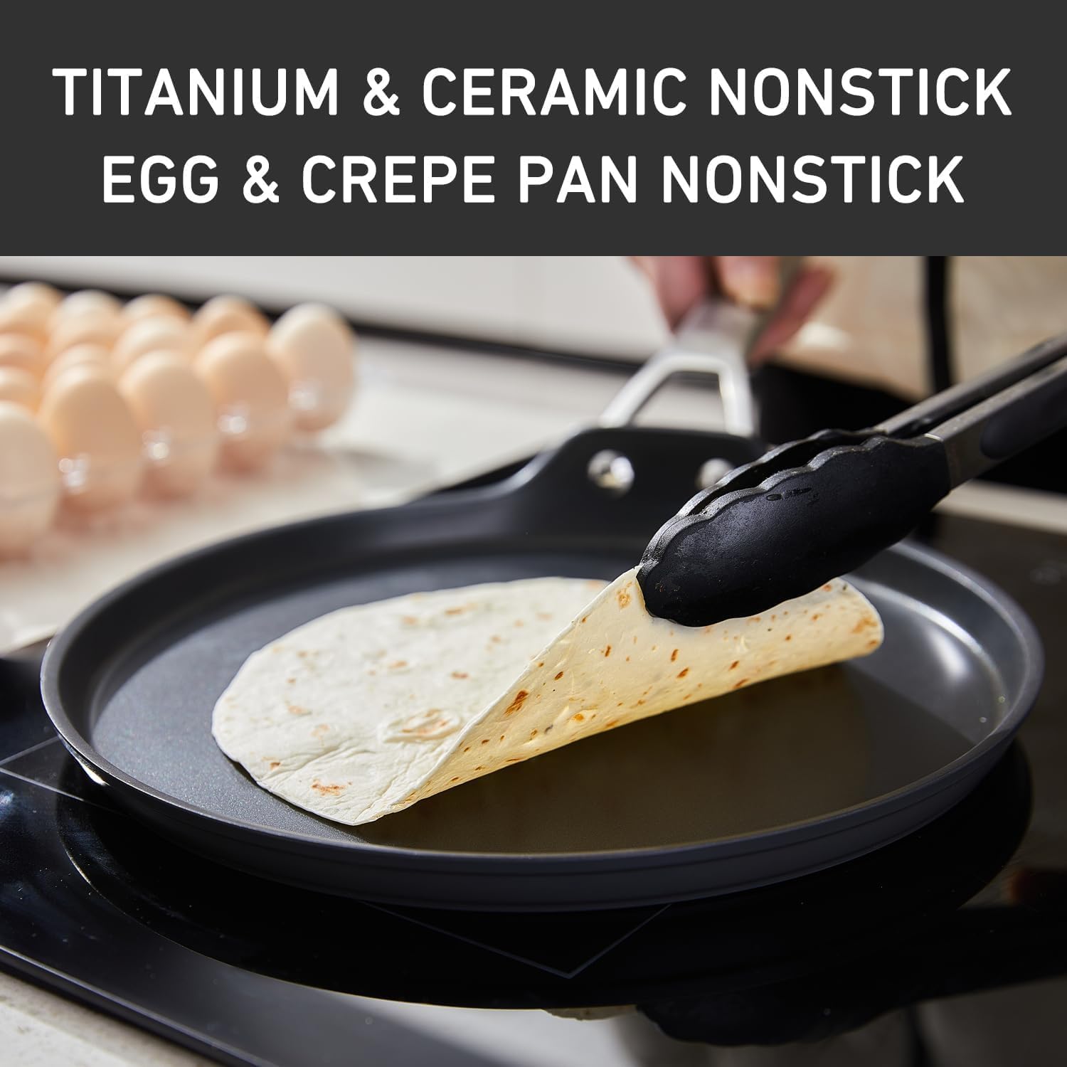 MsMk 11 inch Nonstick Crepe Pan, Titanium and Ceramic Nonstic Coating Flat Skillet Dosa Tawa Tortilla Pan, Large Pancake with Stay-Cool Handle, Induction Compatible, PFOA Free - Image 3