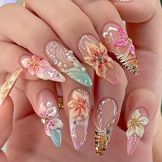 24 Stück Press on Nails Mandel, Lange Mandelform mit Bunter Blumen Nail Art, Komplettes Set mit Jelly Kleber, Nagelfeile und Holzstab
