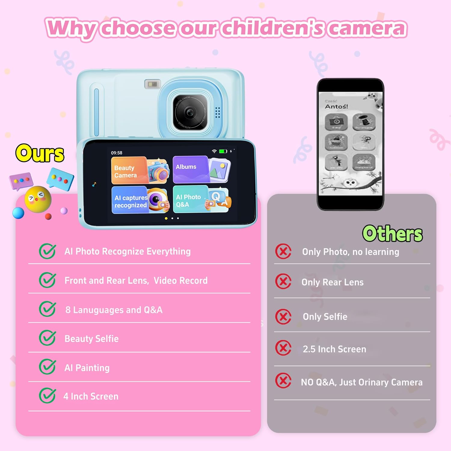 AI Kids Camera for 3–11 Year Old Boys and Girls, AI Learning Digital Video Camera with with Object Recognition, Best Birthday, WiFi Kids Toy Camera 16GB(Blue)