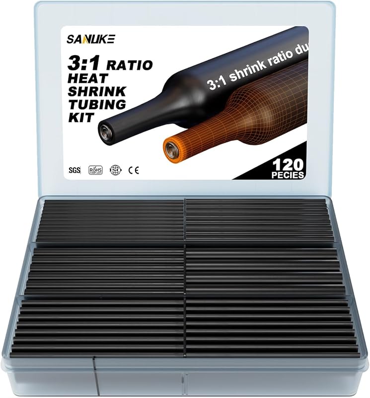 Sanuke 120PCS Heat Shrink Tubing Kit, 3:1 Ratio, Black, 7 Sizes Wire Tubes | Electrical Adhesive Lined Dual Wall Tubes, Waterproof Marine Grade Industrial Cable Tubing 7 Sizes from 3/32" to 3/4"