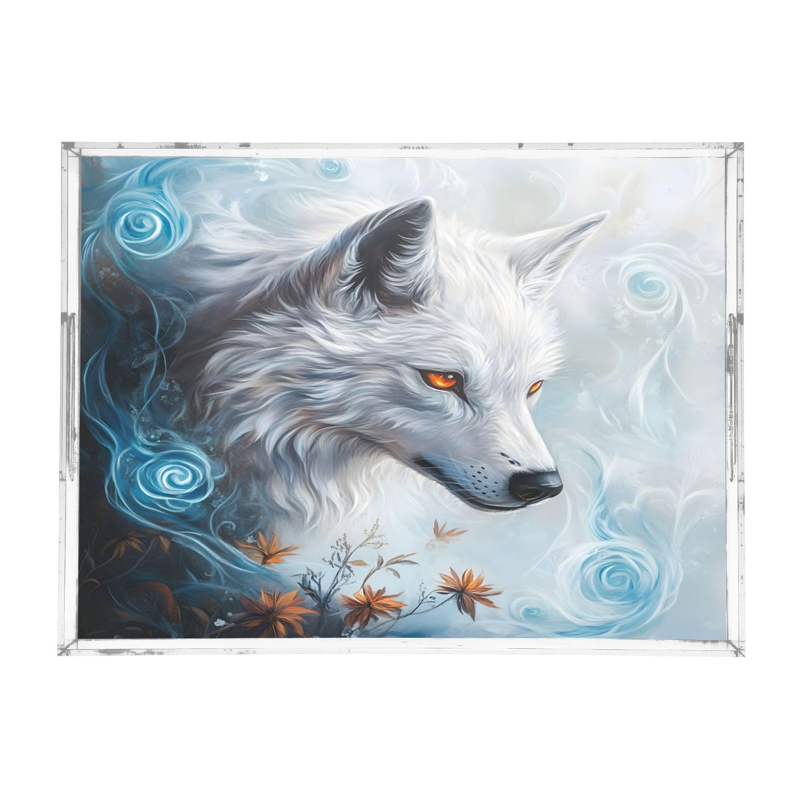BOESI Graffiti White Wolf Pattern Acrylic Decorative Dining Tray, Acrylic Decorative Tray Organizer with Handle for Kitchen, Dining Room, Bathroom, Dresser