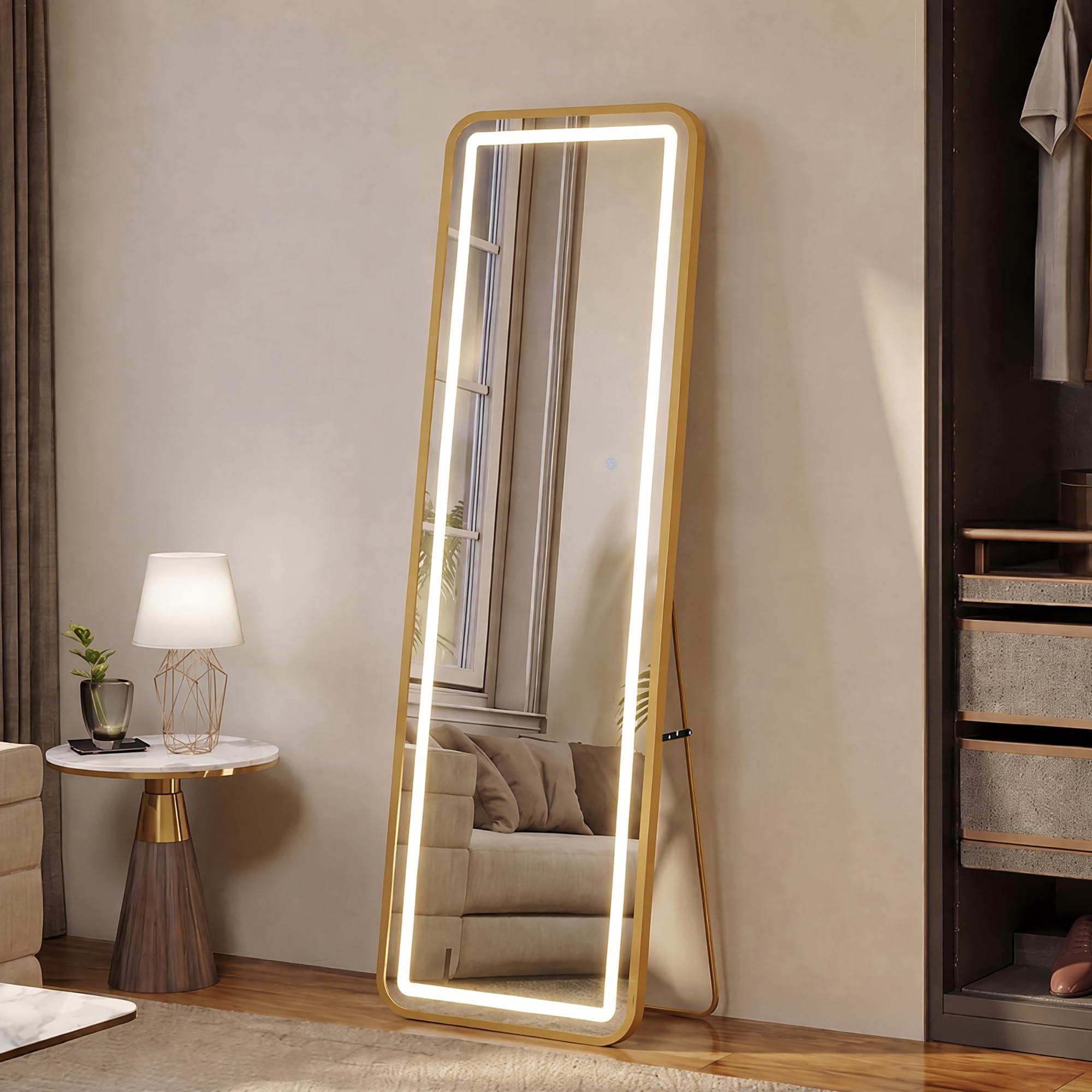 Lustro o pełnej długości LED 150 x 40 cm Złote lustro stojące w 3 temperaturach barwowych, możliwość ściemniania, duże wolnostojące i ścienne lustra do sypialni garderoba salon wejście