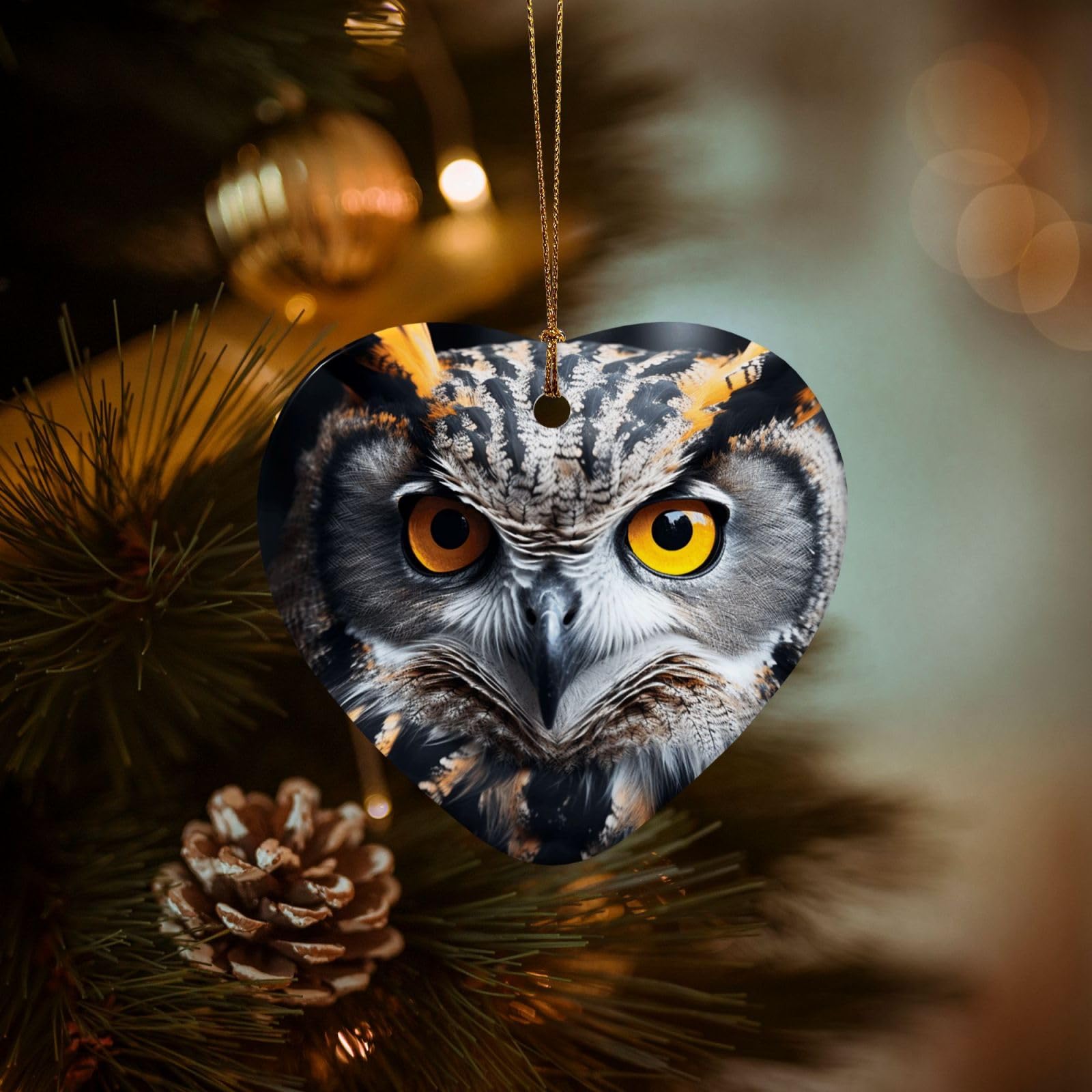 Christmas Ornaments for Christmas Tree Decoration Hanging Owl Head Portrait Ornament with Gold Ribbon Crafts Heart Shape Ceramic Pendant for Keepsake Gifts Xmas Decor Party Supplies