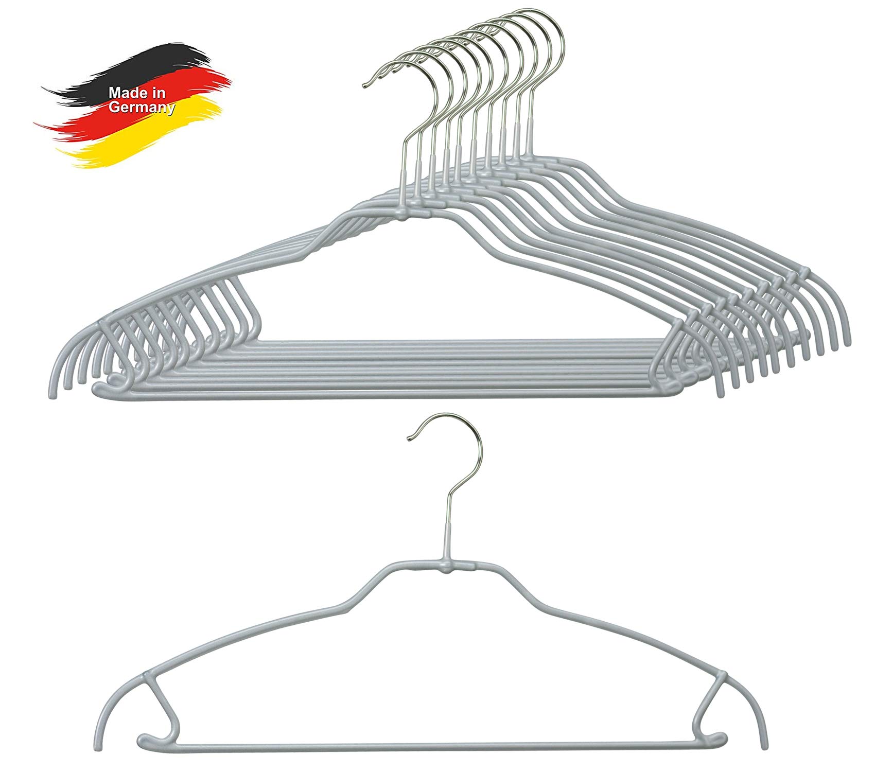 MAWA Silhouette Light FTU - Grucce universale sottili, risparmiano fino al 50% di spazio, 10 pezzi, adatte per completi, camicie, pantaloni e gonne, 360°, 42 cm, Argento