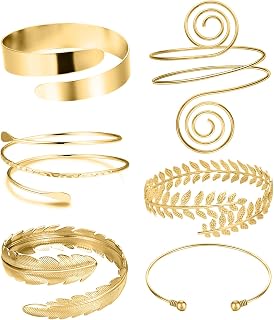 RIOSO 6 Piece Adjustable Arm Cuffs for Women - Leaf, Feather, Wide Band & Goth Upper Arm Bangle Set
