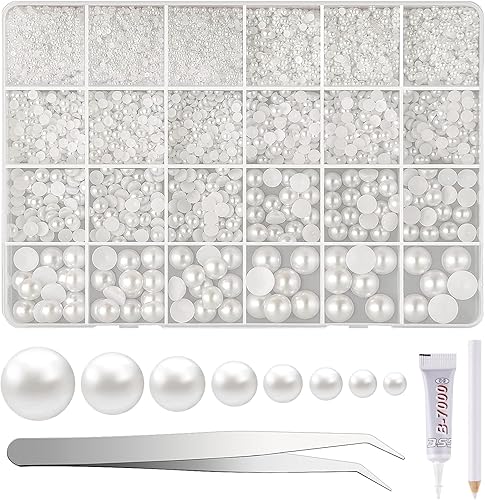 NACHLYNN 12000 piezas de perlas de parte trasera plana, 8 tamaños, cuentas de perlas de media perla, perlas medias redondas para manualidades,