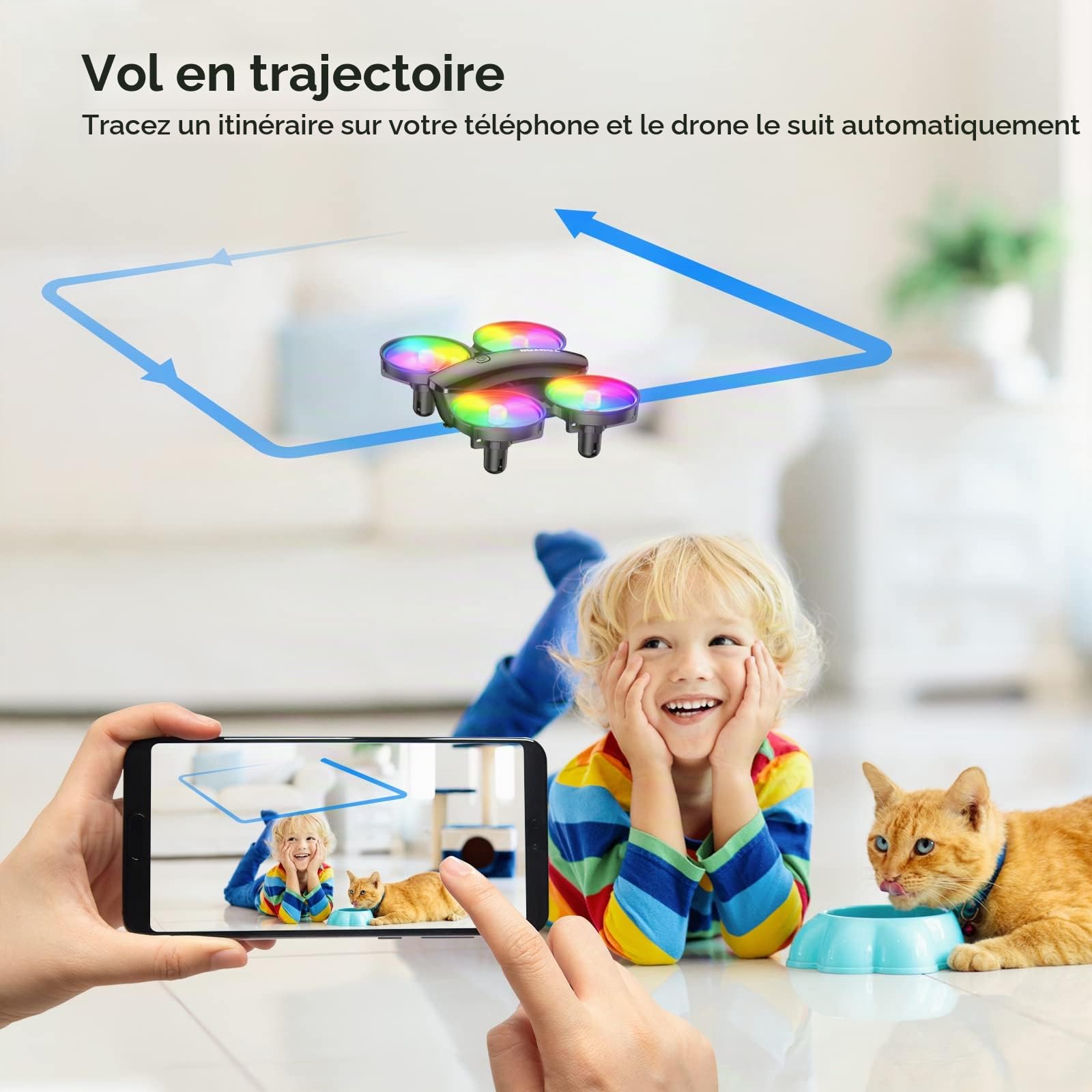 Tomzon A23W Mini Drone Enfant avec Caméra 1080P à LED Lumière Coloré pour Enfant et Débutant, 2 Batteries 15mins Autonomie, Maintien d'Altitude/Mode Sans Tête/3D Flip/Auto-Rotation/Vol-Circulaire Noir