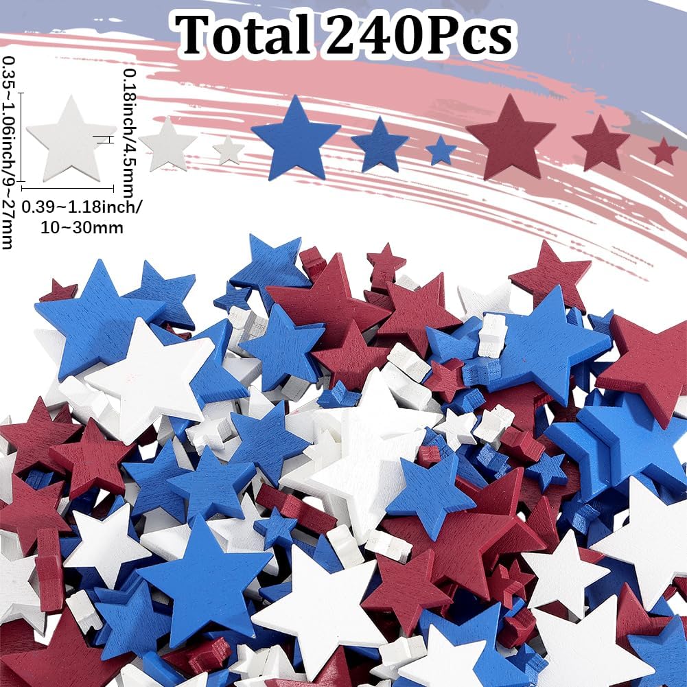 240Pcs 3 Colors 4th of July Wood Stars Memorial Day Wooden Crafts Mini Patriotic Independence Day Veteran Day Festival Holiday Display Ornaments Wood Star for Crafts Home Office Desk Decor