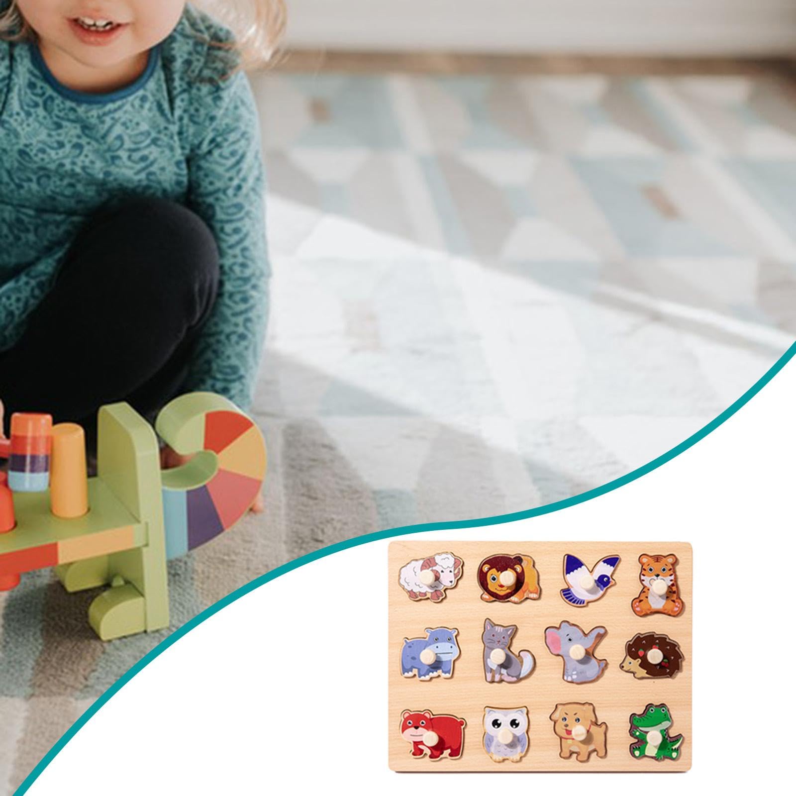 Puzzle di Apprendimento Tavola Forme in Legno Puzzle Bambini Cartone Animato Puzzle Prescolare con Peg Sviluppo Motricità Fine Adatto per Bambini Raga, Animale