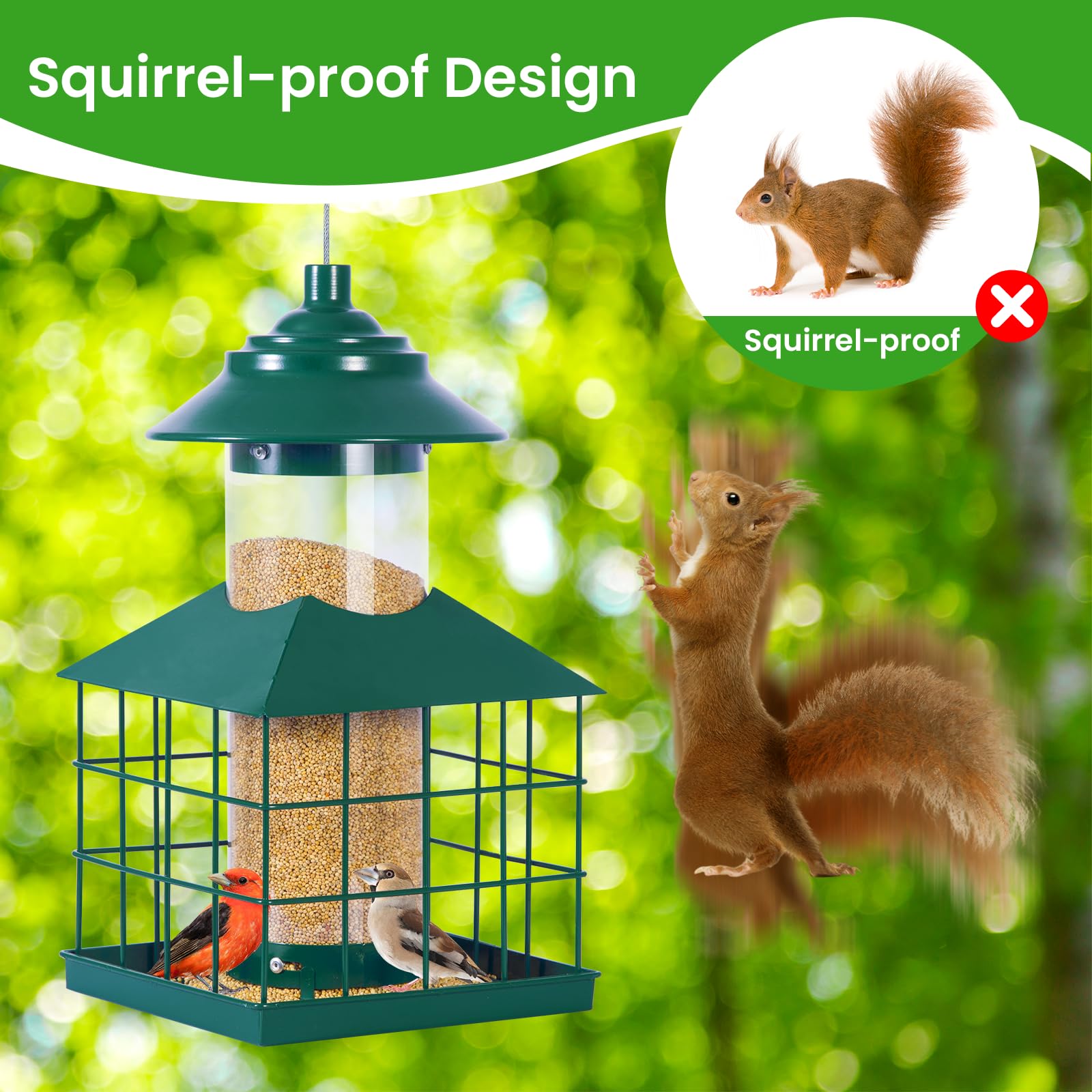 Comedero para pájaros a prueba de ardillas, jaula de metal colgante para exteriores, resistente a la intemperie, comederos para pájaros silvestres con pinzón cardenal, gran capacidad de 3.3