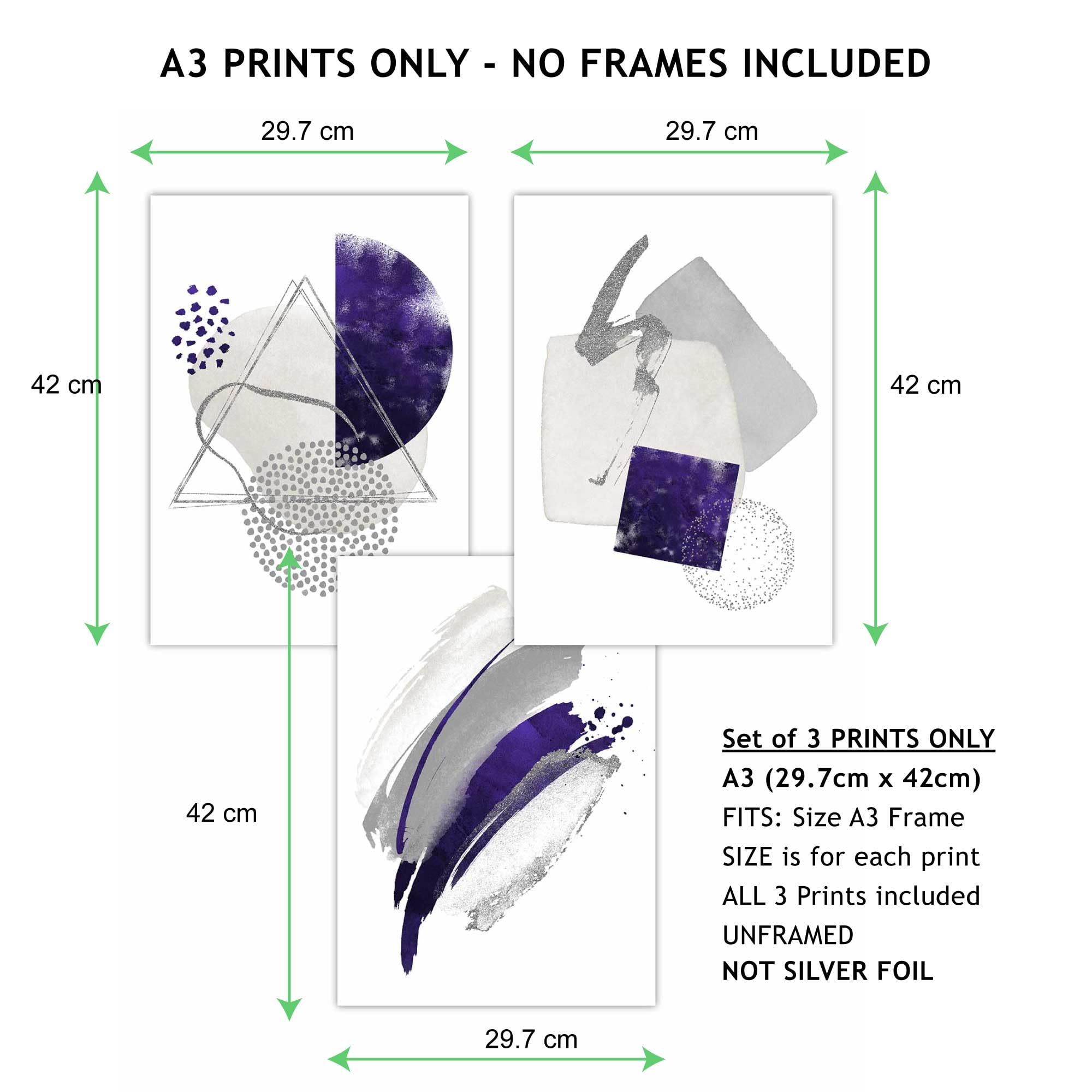 ARTZE Set of 3 Abstract Purple and Grey Wall Art Prints Only Size: (A3-29.7 x 42 cm), Purple / Grey, A3 - Prints Only - Image 3